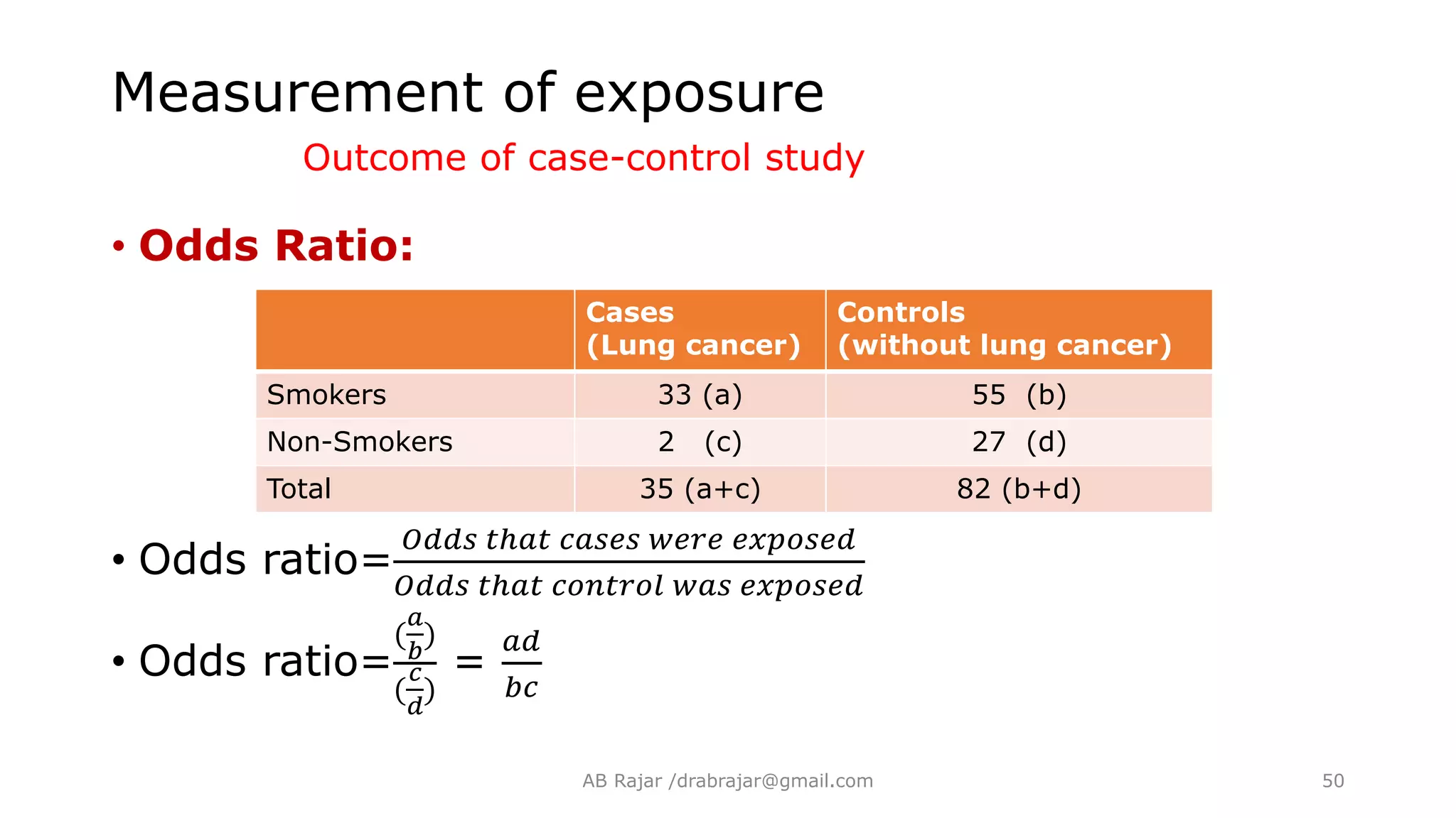 • Odds Ratio:
• Odds ratio=
𝑂𝑑𝑑𝑠 𝑡ℎ𝑎𝑡 𝑐𝑎𝑠𝑒𝑠 𝑤𝑒𝑟𝑒 𝑒𝑥𝑝𝑜𝑠𝑒𝑑
𝑂𝑑𝑑𝑠 𝑡ℎ𝑎𝑡 𝑐𝑜𝑛𝑡𝑟𝑜𝑙 𝑤𝑎𝑠 𝑒𝑥𝑝𝑜𝑠𝑒𝑑
• Odds ratio=
(
𝑎
𝑏
)
(
𝑐
𝑑
)
=
𝑎𝑑
𝑏𝑐
Cases
(Lung cancer)
Controls
(without lung cancer)
Smokers 33 (a) 55 (b)
Non-Smokers 2 (c) 27 (d)
Total 35 (a+c) 82 (b+d)
Measurement of exposure
Outcome of case-control study
AB Rajar /drabrajar@gmail.com 50
 