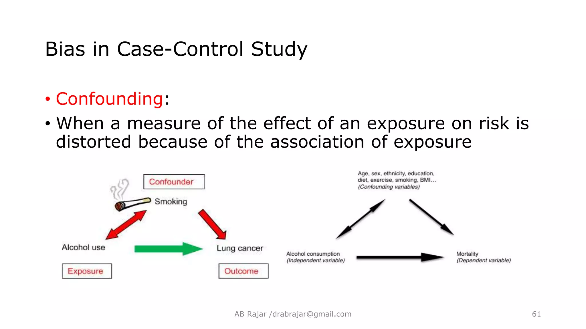 Bias in Case-Control Study
• Confounding:
• When a measure of the effect of an exposure on risk is
distorted because of the association of exposure
AB Rajar /drabrajar@gmail.com 61
 