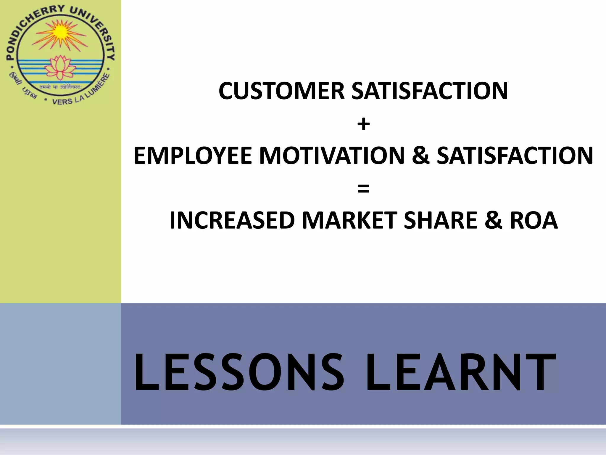 CUSTOMER SATISFACTION
                +
EMPLOYEE MOTIVATION & SATISFACTION
                =
  INCREASED MARKET SHARE & ROA




LESSONS LEARNT
 