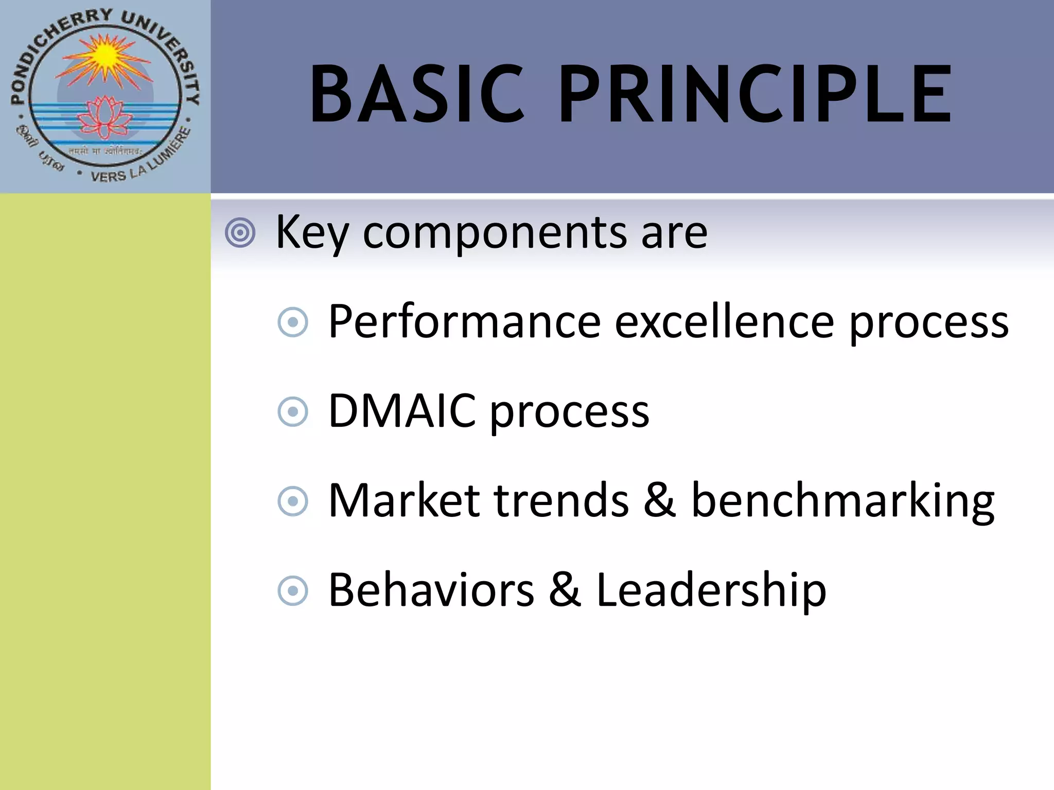 BASIC PRINCIPLE
   Key components are
       Performance excellence process
       DMAIC process
       Market trends & benchmarking
       Behaviors & Leadership
 