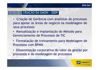 BPM DAY
• Criação de Gerência com analistas de processos
para apoiar as áreas de negócio na modelagem de
seus processos
CRIAÇÃO DA GMON - 2009
• Manualização e implantação do Método para
Gerenciamento de Processos de TICGerenciamento de Processos de TIC
• Formatação de treinamento para Modelagem de
Processos com BPMN
• Disseminação corporativa do valor da gestão por
processos e da modelagem de processos
 