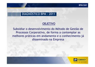 BPM DAY
DIAGNÓSTICO BPM - 2011
OBJETIVO
Subsidiar o desenvolvimento do Método de Gestão de
Processos Corporativo, de forma a contemplar asProcessos Corporativo, de forma a contemplar as
melhores práticas em andamento e o conhecimento já
disseminado na Empresa
 