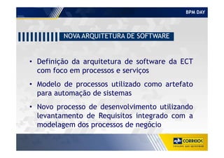 BPM DAY
• Definição da arquitetura de software da ECT
com foco em processos e serviços
NOVA ARQUITETURA DE SOFTWARE
• Modelo de processos utilizado como artefato
para automação de sistemas
• Novo processo de desenvolvimento utilizando
levantamento de Requisitos integrado com a
modelagem dos processos de negócio
 