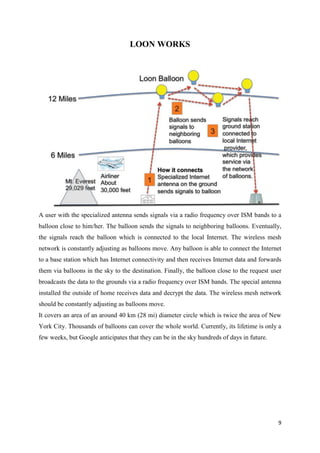 9
LOON WORKS
A user with the specialized antenna sends signals via a radio frequency over ISM bands to a
balloon close to him/her. The balloon sends the signals to neighboring balloons. Eventually,
the signals reach the balloon which is connected to the local Internet. The wireless mesh
network is constantly adjusting as balloons move. Any balloon is able to connect the Internet
to a base station which has Internet connectivity and then receives Internet data and forwards
them via balloons in the sky to the destination. Finally, the balloon close to the request user
broadcasts the data to the grounds via a radio frequency over ISM bands. The special antenna
installed the outside of home receives data and decrypt the data. The wireless mesh network
should be constantly adjusting as balloons move.
It covers an area of an around 40 km (28 mi) diameter circle which is twice the area of New
York City. Thousands of balloons can cover the whole world. Currently, its lifetime is only a
few weeks, but Google anticipates that they can be in the sky hundreds of days in future.
 