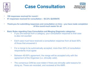 Case Consultation
• 156 responses received for round t
• 91 responses received for consultation – 58.33% QUORATE
• Thank-you for submitting responses and consultation on time – you have made completion
of this round much easier for all
• Basic Rules regarding Case Consultation and Merging Diagnostic categories:
• If you are exempt from a category, your consultation response to that case
is also not counted
• Each case must have received a consultation response from at least 50%
of those that answered it
• For a merge to be automatically accepted, more than 50% of consultation
respondents must agree
• Between 40-50% agreement, the merge will be accepted only with the
agreement of the Organiser (i.e. clinically valid).
• The consensus CAN be over-ridden if there are clinically valid reasons for
doing so. These are recorded, and reviewed at the AMR.
 