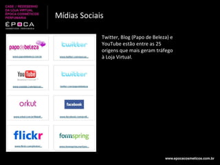 Mídias Sociais Twitter, Blog (Papo de Beleza) e YouTube estão entre as 25 origens que mais geram tráfego à Loja Virtual. 