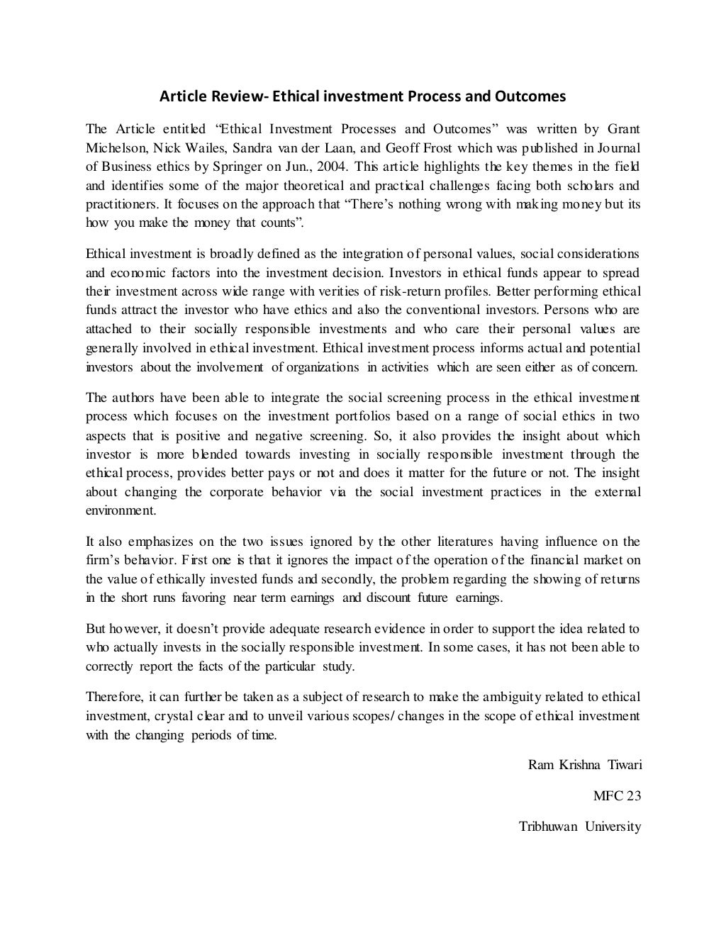 Code of Ethics: Principles for Ethical Leadership article review on ethics