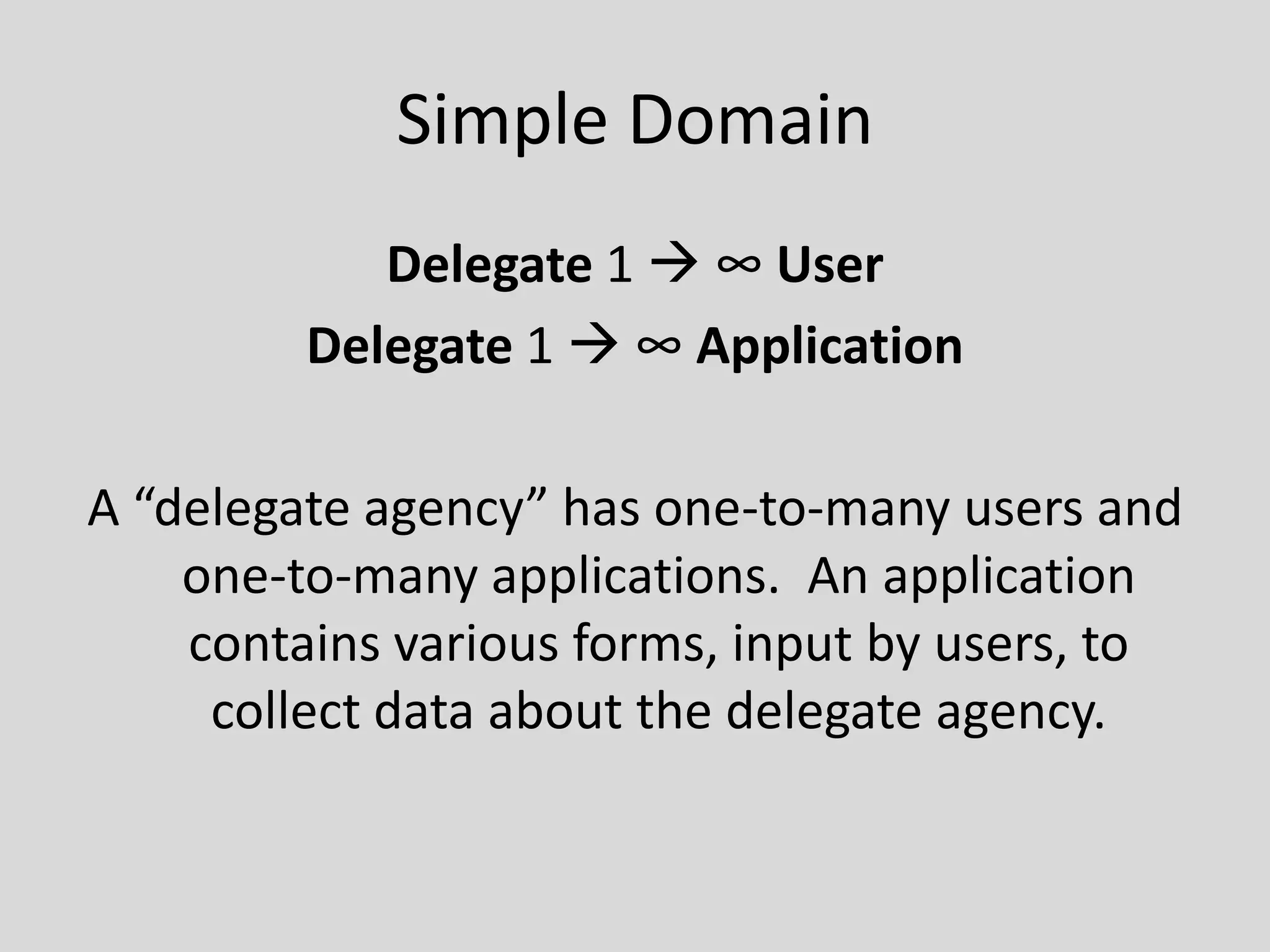 Simple DomainDelegate 1  ∞ UserDelegate 1  ∞ ApplicationA “delegate agency” has one-to-many users and one-to-many applications.  An application contains various forms, input by users, to collect data about the delegate agency.