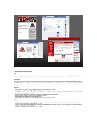 Thanks to Mike Nagel from Exeter Academy
Goal:
To harness the deep connections lots of Exeter alums and current seniors have with their dorms, and turn that good energy into donations to the Exeter Fund. The dorm with
the largest percentage of the giving from that week, wins.
Important fact:
Exeter has the beneﬁt of having 600 class agents across the country - alumni who are tasked with encouraging fundraising from the members of their individual classes each
year. Mike Nagel, Exeter’s associate director of advancement communications, worked with his colleagues to mobilize class agents and other alumni around the Big Red Dorm
Challenge - resulting in an ‘avalanche of asks’ (and hopefully lots of giving, too) during the week of the Challenge! The Senior Class Gift Committee was also instrumental in
spreading the word.
Background:
* Big Red Dorm Challenge started in 2011, making the 2013 Challenge the Third Big Red Dorm Challenge.
* This year, the Challenge lasted one week, Feb. 25 through March 3.
* From the ﬁrst hour of the ﬁrst day, class agents and other alumni got the word out rapid-ﬁre - mainly through Facebook posts. Email and Twitter were used also, though not
nearly as eﬀective in the Challenge as Facebook.
* The primary objective that week, was to use posts to drive traﬃc to the online giving form on Exeter’s website.
* Regular score updates on Facebook helped keep people engaged...and competing!
* Alumni from 1970 to 2012 and the current senior class participated.
* Mike Nagel: “We encourage alumni to go out and post on Facebook, and we post on Facebook as well.”
Results:
* During the week of Feb. 25- March 3, the Challenge drove more than 15 percent of Exeter’s web traﬃc to the ‘Challenge page’ and more than 70 users to the giving form.
* In one week, Exeter received 275 gifts from the classes of 1970-2012.
* In one week, Exeter received 192 gifts from the current senior class - and we should note that in one week, the Class of 2013 went from less than 10 percent participation to
over 55 percent of the class participating in giving.
* Large increase in traﬃc to the Exeter Alumni Facebook page, as well.
 