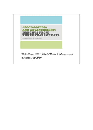 Cheryl Slover-Linett and Michael Stoner
#SOCIALMEDIA
AND ADVANCEMENT:
INSIGHTS FROM
THREE YEARS OF DATA
White Paper, 2012: #SocialMedia & Advancement
mstnr.me/TpQPTv
 
