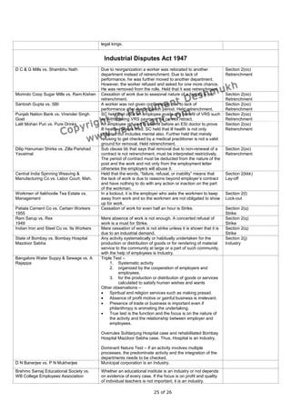 legal kings.


                                            Industrial Disputes Act 1947
D C & G Mills vs. Shambhu Nath             Due to reorganization a worker was relocated to another              Section 2(oo)
                                           department instead of retrenchment. Due to lack of                   Retrenchment
                                           performance, he was further moved to another department.
                                           However, the worker refused and asked for one more chance.
                                           He was removed from the rolls. Held that it was retrenchment.
Morindo Coop Sugar Mills vs. Ram Kishen    Cessation of work due to seasonal nature of a factory is not         Section 2(oo)
                                           retrenchment.                                                        Retrenchment
Santosh Gupta vs. SBI                      A worker was not given confirmation due to lack of                   Section 2(oo)
                                           performance after the probation period. Held retrenchment.           Retrenchment
Punjab Nation Bank vs. Virender Singh      SC held that once an employee avails any benefit of VRS such         Section 2(oo)
Goel                                       as withdrawing VRS payment, he cannot retract.                       Retrenchment
Lalit Mohan Puri vs. Pure Drinks           An employee refused to submit before an ESI doctor to prove          Section 2(oo)
                                           ill health. He was fired. SC held that ill health is not only        Retrenchment
                                           physical but includes mental also. Further held that merely
                                           refusing to get checked by a medical practitioner is not a valid
                                           ground for removal. Held retrenchment.
Dilip Hanuman Shirke vs. Zilla Parishad    Sub clause bb that says that removal due to non-renewal of a         Section 2(oo)
Yavatmal                                   contract is not retrenchment, must be interpreted restrictively.     Retrenchment
                                           The period of contract must be deducted from the nature of the
                                           post and the work and not only from the employment letter
                                           otherwise the employers will abuse it.
Central India Spinning Weaving &           Held that the words, “failure, refusal, or inability” means that     Section 2(kkk)
Manufacturing Co vs. Labor Court, Mah.     the lack of work is due to reasons beyond employer’s contract        Lay-off
                                           and have nothing to do with any action or inaction on the part
                                           of the workman.
Workmen of Itakhoolie Tea Estate vs.       In a lockout, it is the employer who asks the workmen to keep        Section 2(l)
Management                                 away from work and so the workmen are not obligated to show          Lock-out
                                           up for work.
Patiala Cement Co vs. Certain Workers      Cessation of work for even half an hour is Strike.                   Section 2(q)
1955                                                                                                            Strike
Ram Sarup vs. Rex                          Mere absence of work is not enough. A concerted refusal of           Section 2(q)
1949                                       work is a must for Strike.                                           Strike
Indian Iron and Steel Co vs. Its Workers   Mere cessation of work is not strike unless it is shown that it is   Section 2(q)
                                           due to an industrial demand.                                         Strike
State of Bombay vs. Bombay Hospital        Any activity systematically or habitually undertaken for the         Section 2(j)
Mazdoor Sabha                              production or distribution of goods or for rendering of material     Industry
                                           service to the community at large or a part of such community,
                                           with the help of employees is Industry.
Bangalore Water Suppy & Sewage vs. A       Triple Test –
Rajappa                                         1. Systematic activity
                                                2. organized by the cooperation of employers and
                                                     employees.
                                                3. for the production or distribution of goods or services
                                                     calculated to satisfy human wishes and wants
                                           Other observations –
                                           •    Spiritual and religion services such as making prasad.
                                           •    Absence of profit motive or gainful business is irrelevant.
                                           •    Presence of trade or business is important even if
                                                philanthropy is animating the undertaking.
                                           •    True test is the function and the focus is on the nature of
                                                the activity and the relationship between employer and
                                                employees.

                                           Overrules Sufdarjung Hospital case and rehabilitated Bombay
                                           Hospital Mazdoor Sabha case. Thus, Hospital is an industry.

                                           Dominant Nature Test – If an activity involves multiple
                                           processes, the predominate activity and the integration of the
                                           departments needs to be checked.
D N Banerjee vs. P N Mukherjee             Municipal corporation is an Industry.
Brahmo Samaj Educational Society vs.       Whether an educational institute is an industry or not depends
WB College Employees Association           on evidence of every case. If the focus is on profit and quality
                                           of individual teachers is not important, it is an industry.

                                                                        25 of 26
 