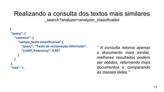 Realizando a consulta dos textos mais similares
_search?analyzer=analyzer_classificador
{
"query": {
"common" :{
"campo_texto.classificacao":{
"query": "Texto de reclamação informado",
"cutoff_frequency": 0.001
}
}
},
"size": 1,
“ A consulta retorna apenas
o documento mais similar,
melhores resultados podem
ser obtidos, retornando mais
documentos e comparando
as classes deles.”
11
 