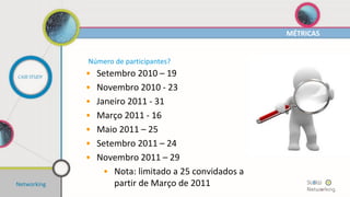 Número de participantes?
• Setembro 2010 – 19
• Novembro 2010 - 23
• Janeiro 2011 - 31
• Março 2011 - 16
• Maio 2011 – 25
• Setembro 2011 – 24
• Novembro 2011 – 29
• Nota: limitado a 25 convidados a
partir de Março de 2011
MÉTRICAS
CASE STUDY
Networking
 