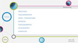 Networking
OBJECTIVOS
ENQUADRAMENTO
DATAS – PERIODICIDADE
MÉTRICAS
POSICIONAMENTO
ACHIEVEMENTS
CONTACTOS
2015
Formação
 