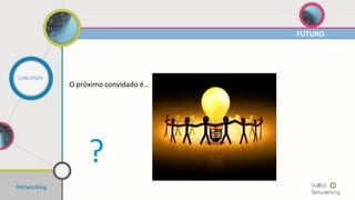 Networking
POSICIONAMENTO
CASE STUDY
Conceito?
• Tema(s):
• “Prato do dia: omeletas sem ovos”
• “Como tornar a Humanização nas empresas num fator de
incremento de performance”
• “A sustentabilidade das empresas e os modelos de
excelência”
• “O Valor da Network”
 
