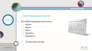 Datas? Quando ocorre o evento?
• Há 5 SLOW networking events anuais
• Janeiro
• Março
• Maio
• Setembro
• Novembro;
• 2ª quinta-feira do mês.
PERIODICIDADE
CASE STUDY
Networking
 