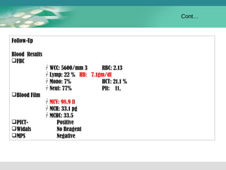 Follow-Up 
Blood Results 
FBC 
ｧWCC: 5600/mm 3 RBC: 2.13 
ｧLymp: 22 % HB: 7.1gm/dl 
ｧMono: 7% HCT: 21.1 % 
ｧNeut: 77% Plt: 11, 
Blood Film 
ｧMCV: 98.9 fl 
ｧMCH: 33.1 pg 
ｧMCHC: 33.5 
PICT- Positive 
Widals No Reagent 
MPS Negative 
Cont… 
 