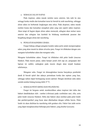 a. SEBAGAI JALAN NAPAS
Pada inspirasi, udara masuk melalui nares anterior, lalu naik ke atas
setinggi konka media dan kemudian turun ke bawah ke arah nasofaring, sehingga
aliran udara ini berbentuk lengkungan atau arkus. Pada ekspirasi, udara masuk
melalui koana dan kemudian mengikuti jalan yang sam seperti udara inspirasi.
Akan tetapi di bagian depan aliran udara memecah, sebagian akan melaui nares
anterior dan sebagian lain kembali ke belakang membentuk pusaran dan
bergabung dengan aliran dari nasofaring.
b. PENGATUR KONDISI UDARA
Fungsi hidung sebagai pengatur kondisi udara perlu untuk mempersiapkan
udara yang akan masuk ke dalam alveolus paru. Fungsi ini dilakukan dengan cara
mengatur kelembaban udara dan mengatur suhu.
Mengatur kelembaban udara. Fungsi ini dilakukan oleh palut lendir (mucous
blanket). Pada musim panas, udara hampir jenuh oleh uap air, penguapan dari
lapisan ini sedikit, sedangkan pada musim dingin akan terjadi keadaan
sebelumnya.
Mengatur suhu. Fungsi ini dimungkinkan karena banyaknya pembuluh
darah di bawah epitel dan adanya permukaan konka dan septum yang luas,
sehingga radiasi dapat berlangsung secara optimal. Dengan demikian suhu udara
setelah melalui hidung kurang lebih 37 oC.
c. SEBAGAI PENYARING DAN PELINDUNG
Fungsi ini berguna untuk membersihkan udara inspirasi dari debu dan
bakteri dandilakukan oleh : rambut (vibrissae) pada vestibulum nasi, silia, serta
palut lendir (mucous blanket). Debu dan bakteri akan melekat pada palut lendir
dan partikel-partikel yang besar akan dikeluarkan dengan refleks bersin. Palut
lendir ini akan dialirkan ke nasofaring oleh gerakan silia. Faktor lain ialah enzim
yang dapat menghancurkan beberapa jenis bakteri, yang disebut lysozyme.

14

 