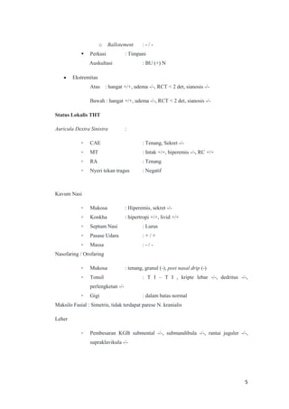 o


Ballotement

Perkusi

:-/-

: Timpani

Auskultasi

: BU (+) N

Ekstremitas
Atas : hangat +/+, udema -/-, RCT < 2 det, sianosis -/Bawah : hangat +/+, udema -/-, RCT < 2 det, sianosis -/Status Lokalis THT
Auricula Dextra Sinistra

:

▫

CAE

: Tenang, Sekret -/-

▫

MT

: Intak +/+, hiperemis -/-, RC +/+

▫

RA

: Tenang

▫

Nyeri tekan tragus

: Negatif

Kavum Nasi
▫

Mukosa

: Hiperemis, sekret -/-

▫

Konkha

: hipertropi +/+, livid +/+

▫

Septum Nasi

: Lurus

▫

Pasase Udara

:+/+

▫

Massa

:-/-

Nasofaring / Orofaring
▫

Mukosa

▫

Tonsil

: tenang, granul (-), post nasal drip (-)
: T I – T I , kripte lebar -/-, dedritus -/-,

perlengketan -/▫

Gigi

: dalam batas normal

Maksilo Fasial : Simetris, tidak terdapat parese N. kranialis
Leher
▫

Pembesaran KGB submental -/-, submandibula -/-, rantai juguler -/-,
supraklavikula -/-

5

 