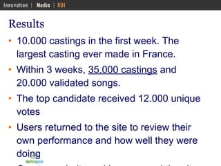 Results  10.000 castings in the first week. The largest casting ever made in France. Within 3 weeks,  35.000 castings  and 20.000 validated songs. The top candidate received 12.000 unique votes  Users returned to the site to review their own performance and how well they were doing Great popularity and buzz around the site… Site reached more than  1Million page views   