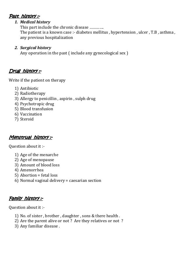 case sheet of history medical history question
