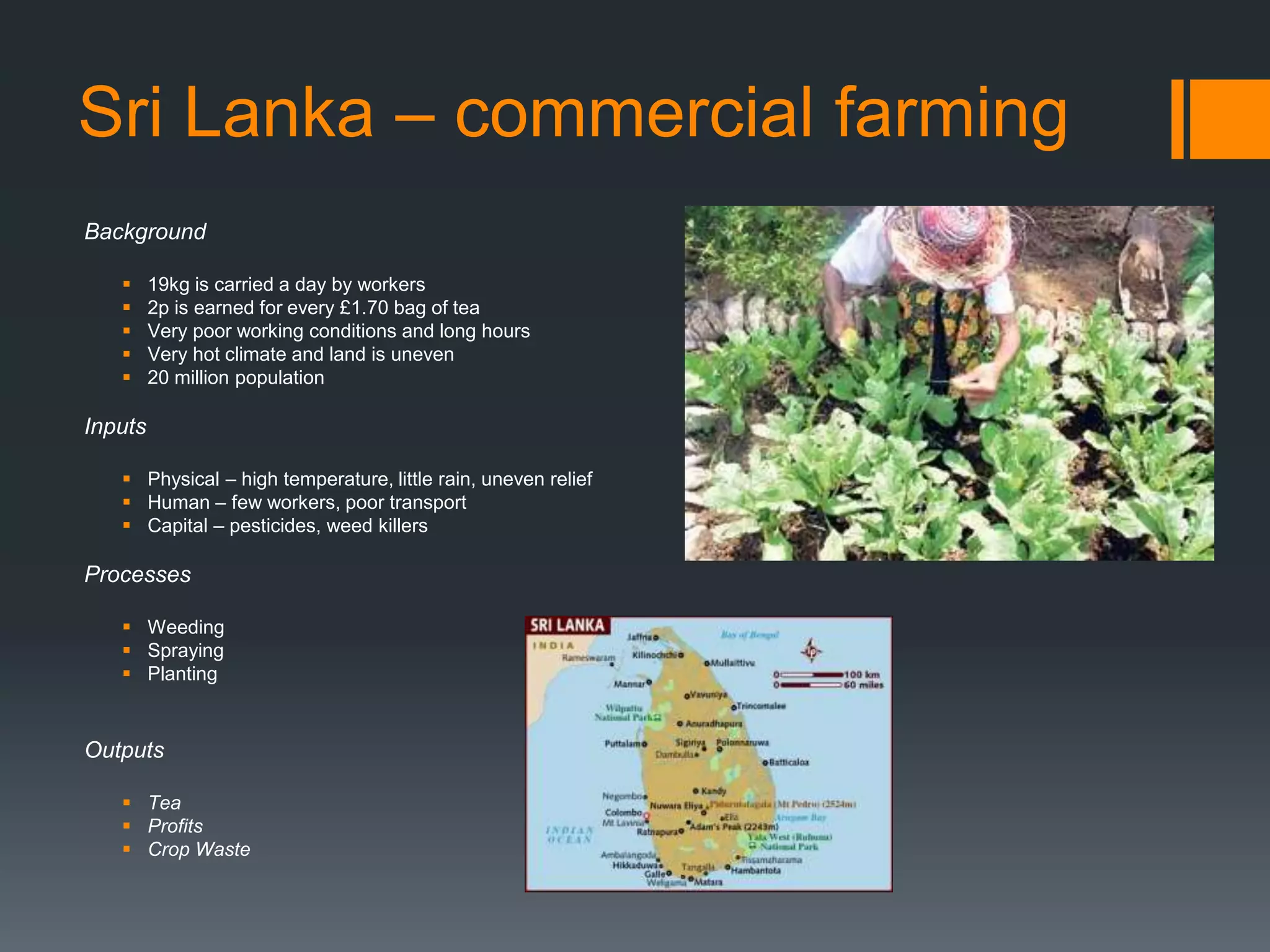 Sri Lanka – commercial farming
Background
 19kg is carried a day by workers
 2p is earned for every £1.70 bag of tea
 Very poor working conditions and long hours
 Very hot climate and land is uneven
 20 million population
Inputs
 Physical – high temperature, little rain, uneven relief
 Human – few workers, poor transport
 Capital – pesticides, weed killers
Processes
 Weeding
 Spraying
 Planting
Outputs
 Tea
 Profits
 Crop Waste
 