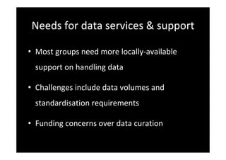 Needs for data services & support
• Most groups need more locally‐available 
support on handling data
• Challenges include data volumes and 
standardisation requirements
• Funding concerns over data curation
 