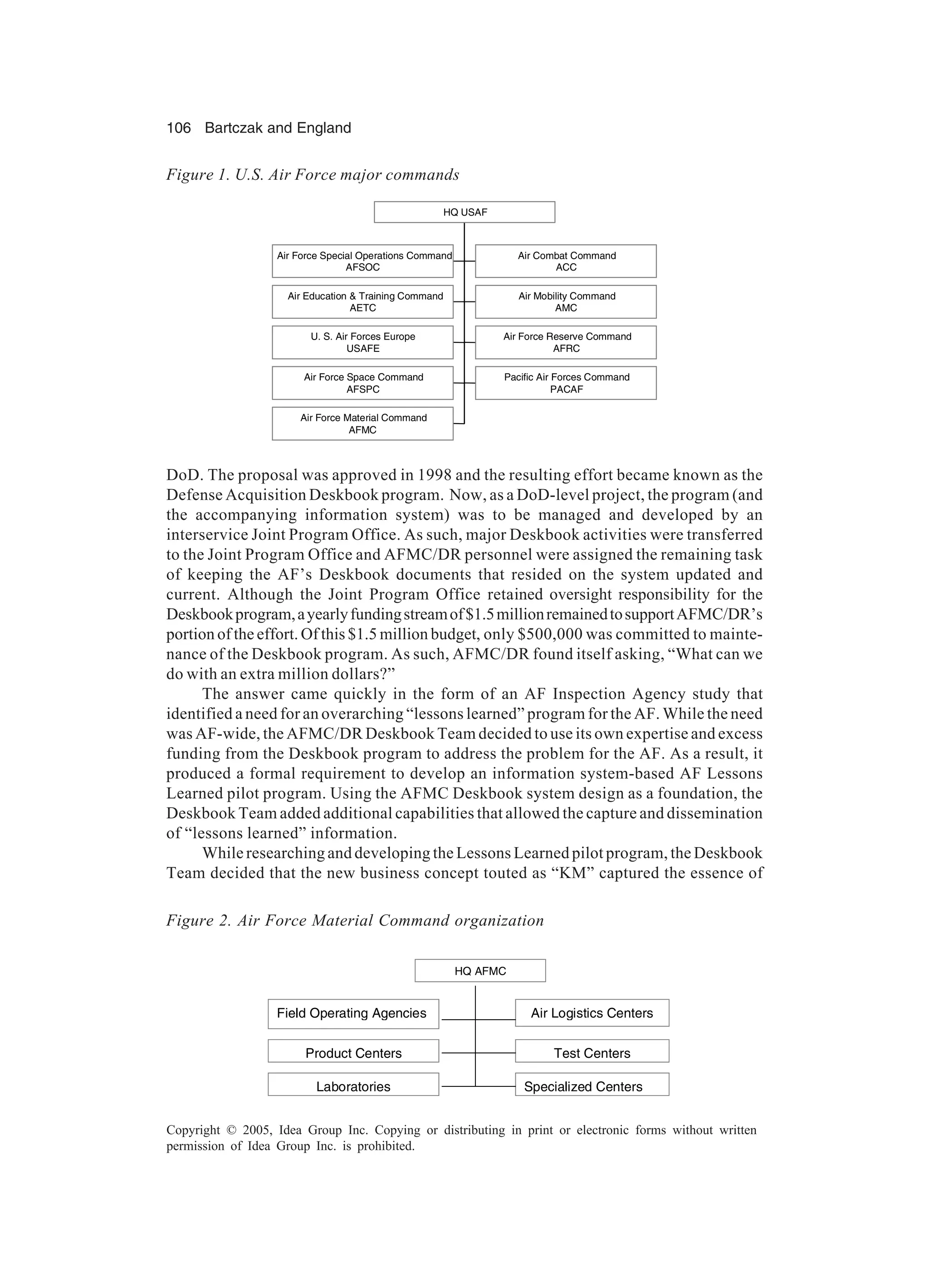 106 Bartczak and England
Copyright © 2005, Idea Group Inc. Copying or distributing in print or electronic forms without written
permission of Idea Group Inc. is prohibited.
DoD. The proposal was approved in 1998 and the resulting effort became known as the
Defense Acquisition Deskbook program. Now, as a DoD-level project, the program (and
the accompanying information system) was to be managed and developed by an
interservice Joint Program Office. As such, major Deskbook activities were transferred
to the Joint Program Office and AFMC/DR personnel were assigned the remaining task
of keeping the AF’s Deskbook documents that resided on the system updated and
current. Although the Joint Program Office retained oversight responsibility for the
Deskbookprogram,ayearlyfundingstreamof$1.5millionremainedtosupportAFMC/DR’s
portion of the effort. Of this $1.5 million budget, only $500,000 was committed to mainte-
nance of the Deskbook program. As such, AFMC/DR found itself asking, “What can we
do with an extra million dollars?”
The answer came quickly in the form of an AF Inspection Agency study that
identified a need for an overarching “lessons learned” program for the AF. While the need
was AF-wide, the AFMC/DR Deskbook Team decided to use its own expertise and excess
funding from the Deskbook program to address the problem for the AF. As a result, it
produced a formal requirement to develop an information system-based AF Lessons
Learned pilot program. Using the AFMC Deskbook system design as a foundation, the
Deskbook Team added additional capabilities that allowed the capture and dissemination
of “lessons learned” information.
While researching and developing the Lessons Learned pilot program, the Deskbook
Team decided that the new business concept touted as “KM” captured the essence of
Air Force Special Operations Command
AFSOC
Air Combat Command
ACC
Air Education  Training Command
AETC
Air Mobility Command
AMC
U. S. Air Forces Europe
USAFE
Air Force Reserve Command
AFRC
Air Force Space Command
AFSPC
Pacific Air Forces Command
PACAF
Air Force Material Command
AFMC
HQ USAF
Air Force Special Operations Command
AFSOC
Air Combat Command
ACC
Air Education  Training Command
AETC
Air Mobility Command
AMC
U. S. Air Forces Europe
USAFE
Air Force Reserve Command
AFRC
Air Force Space Command
AFSPC
Pacific Air Forces Command
PACAF
Air Force Material Command
AFMC
HQ USAF
Figure 1. U.S. Air Force major commands
HQ AFMC
Air Logistics Centers
Laboratories Specialized Centers
Product Centers Test Centers
Field Operating Agencies
HQ AFMC
Air Logistics Centers
Laboratories Specialized Centers
Product Centers Test Centers
Field Operating Agencies
Figure 2. Air Force Material Command organization
 