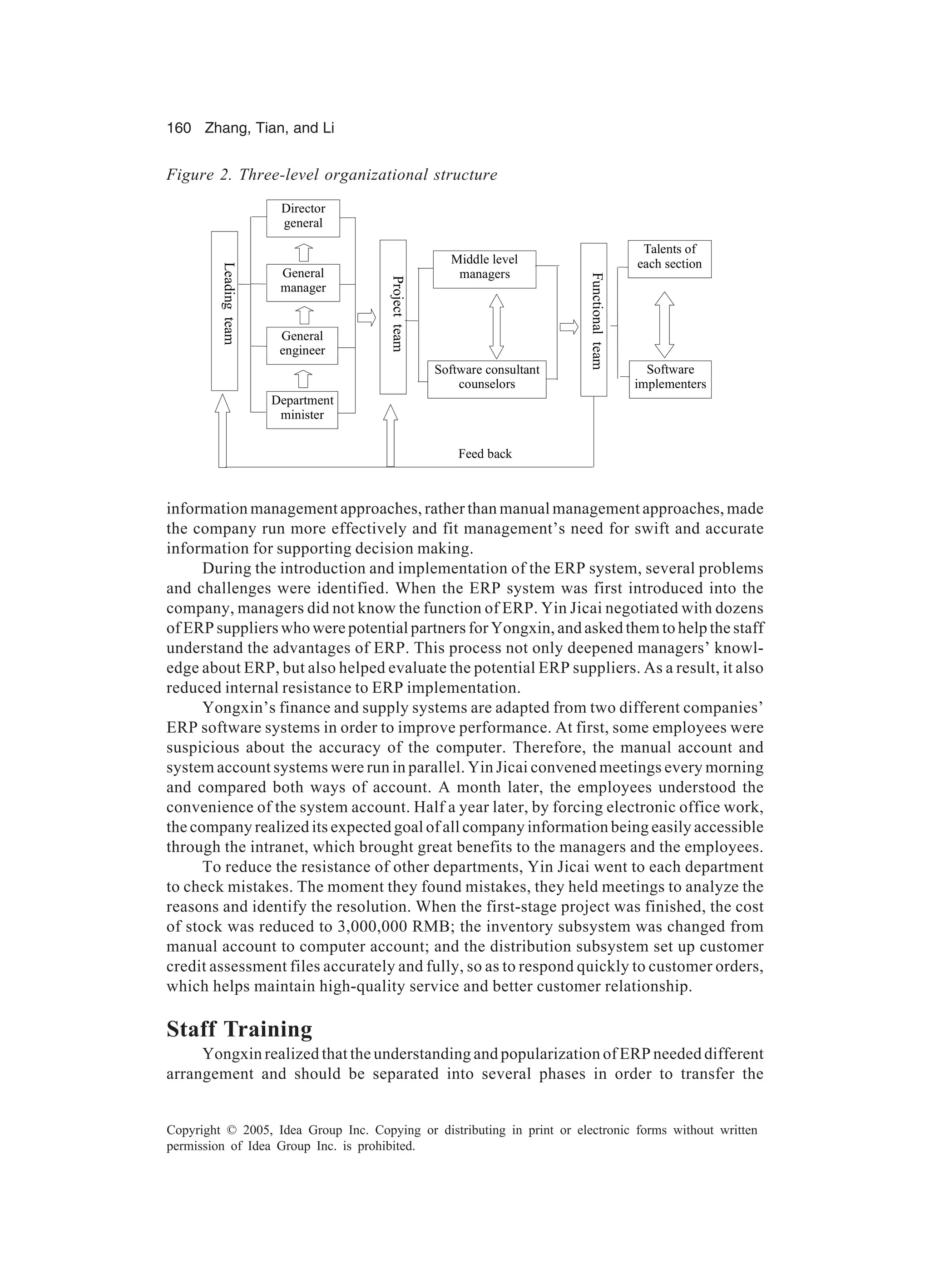 160 Zhang, Tian, and Li
Copyright © 2005, Idea Group Inc. Copying or distributing in print or electronic forms without written
permission of Idea Group Inc. is prohibited.
information management approaches, rather than manual management approaches, made
the company run more effectively and fit management’s need for swift and accurate
information for supporting decision making.
During the introduction and implementation of the ERP system, several problems
and challenges were identified. When the ERP system was first introduced into the
company, managers did not know the function of ERP. Yin Jicai negotiated with dozens
of ERP suppliers who were potential partners for Yongxin, and asked them to help the staff
understand the advantages of ERP. This process not only deepened managers’ knowl-
edge about ERP, but also helped evaluate the potential ERP suppliers. As a result, it also
reduced internal resistance to ERP implementation.
Yongxin’s finance and supply systems are adapted from two different companies’
ERP software systems in order to improve performance. At first, some employees were
suspicious about the accuracy of the computer. Therefore, the manual account and
system account systems were run in parallel. Yin Jicai convened meetings every morning
and compared both ways of account. A month later, the employees understood the
convenience of the system account. Half a year later, by forcing electronic office work,
the company realized its expected goal of all company information being easily accessible
through the intranet, which brought great benefits to the managers and the employees.
To reduce the resistance of other departments, Yin Jicai went to each department
to check mistakes. The moment they found mistakes, they held meetings to analyze the
reasons and identify the resolution. When the first-stage project was finished, the cost
of stock was reduced to 3,000,000 RMB; the inventory subsystem was changed from
manual account to computer account; and the distribution subsystem set up customer
credit assessment files accurately and fully, so as to respond quickly to customer orders,
which helps maintain high-quality service and better customer relationship.
Staff Training
Yongxin realized that the understanding and popularization of ERP needed different
arrangement and should be separated into several phases in order to transfer the
Figure 2. Three-level organizational structure
Middle level
managers
Software consultant
counselors
Feed back
Leadingteam
Projectteam
Talents of
each section
Software
implementers
Functionalteam
Director
general
General
manager
General
engineer
Department
minister
 