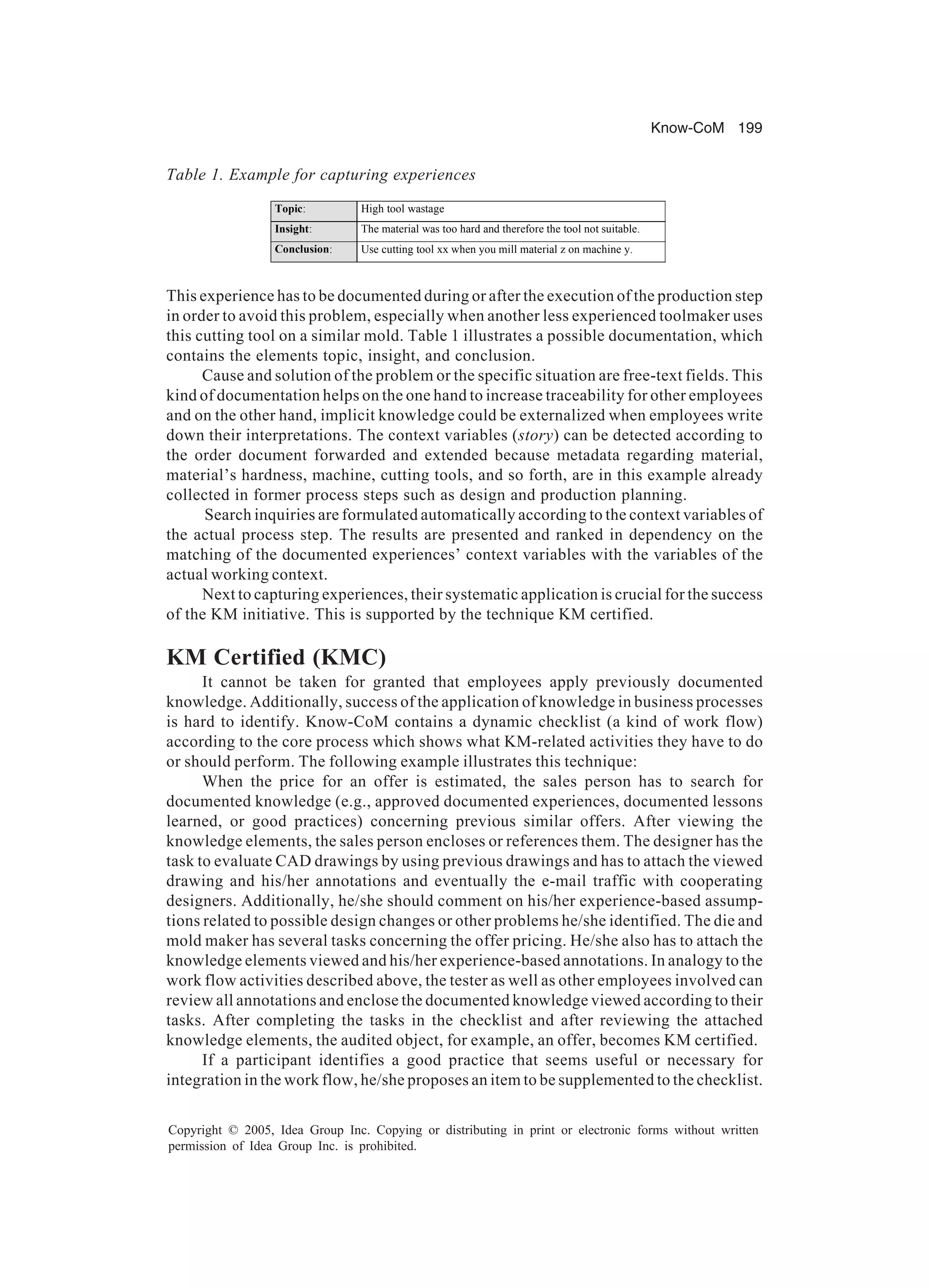 Know-CoM 199
Copyright © 2005, Idea Group Inc. Copying or distributing in print or electronic forms without written
permission of Idea Group Inc. is prohibited.
This experience has to be documented during or after the execution of the production step
in order to avoid this problem, especially when another less experienced toolmaker uses
this cutting tool on a similar mold. Table 1 illustrates a possible documentation, which
contains the elements topic, insight, and conclusion.
Cause and solution of the problem or the specific situation are free-text fields. This
kind of documentation helps on the one hand to increase traceability for other employees
and on the other hand, implicit knowledge could be externalized when employees write
down their interpretations. The context variables (story) can be detected according to
the order document forwarded and extended because metadata regarding material,
material’s hardness, machine, cutting tools, and so forth, are in this example already
collected in former process steps such as design and production planning.
Search inquiries are formulated automatically according to the context variables of
the actual process step. The results are presented and ranked in dependency on the
matching of the documented experiences’ context variables with the variables of the
actual working context.
Next to capturing experiences, their systematic application is crucial for the success
of the KM initiative. This is supported by the technique KM certified.
KM Certified (KMC)
It cannot be taken for granted that employees apply previously documented
knowledge. Additionally, success of the application of knowledge in business processes
is hard to identify. Know-CoM contains a dynamic checklist (a kind of work flow)
according to the core process which shows what KM-related activities they have to do
or should perform. The following example illustrates this technique:
When the price for an offer is estimated, the sales person has to search for
documented knowledge (e.g., approved documented experiences, documented lessons
learned, or good practices) concerning previous similar offers. After viewing the
knowledge elements, the sales person encloses or references them. The designer has the
task to evaluate CAD drawings by using previous drawings and has to attach the viewed
drawing and his/her annotations and eventually the e-mail traffic with cooperating
designers. Additionally, he/she should comment on his/her experience-based assump-
tions related to possible design changes or other problems he/she identified. The die and
mold maker has several tasks concerning the offer pricing. He/she also has to attach the
knowledge elements viewed and his/her experience-based annotations. In analogy to the
work flow activities described above, the tester as well as other employees involved can
review all annotations and enclose the documented knowledge viewed according to their
tasks. After completing the tasks in the checklist and after reviewing the attached
knowledge elements, the audited object, for example, an offer, becomes KM certified.
If a participant identifies a good practice that seems useful or necessary for
integration in the work flow, he/she proposes an item to be supplemented to the checklist.
Table 1. Example for capturing experiences
Topic: High tool wastage
Insight: The material was too hard and therefore the tool not suitable.
Conclusion: Use cutting tool xx when you mill material z on machine y.
 