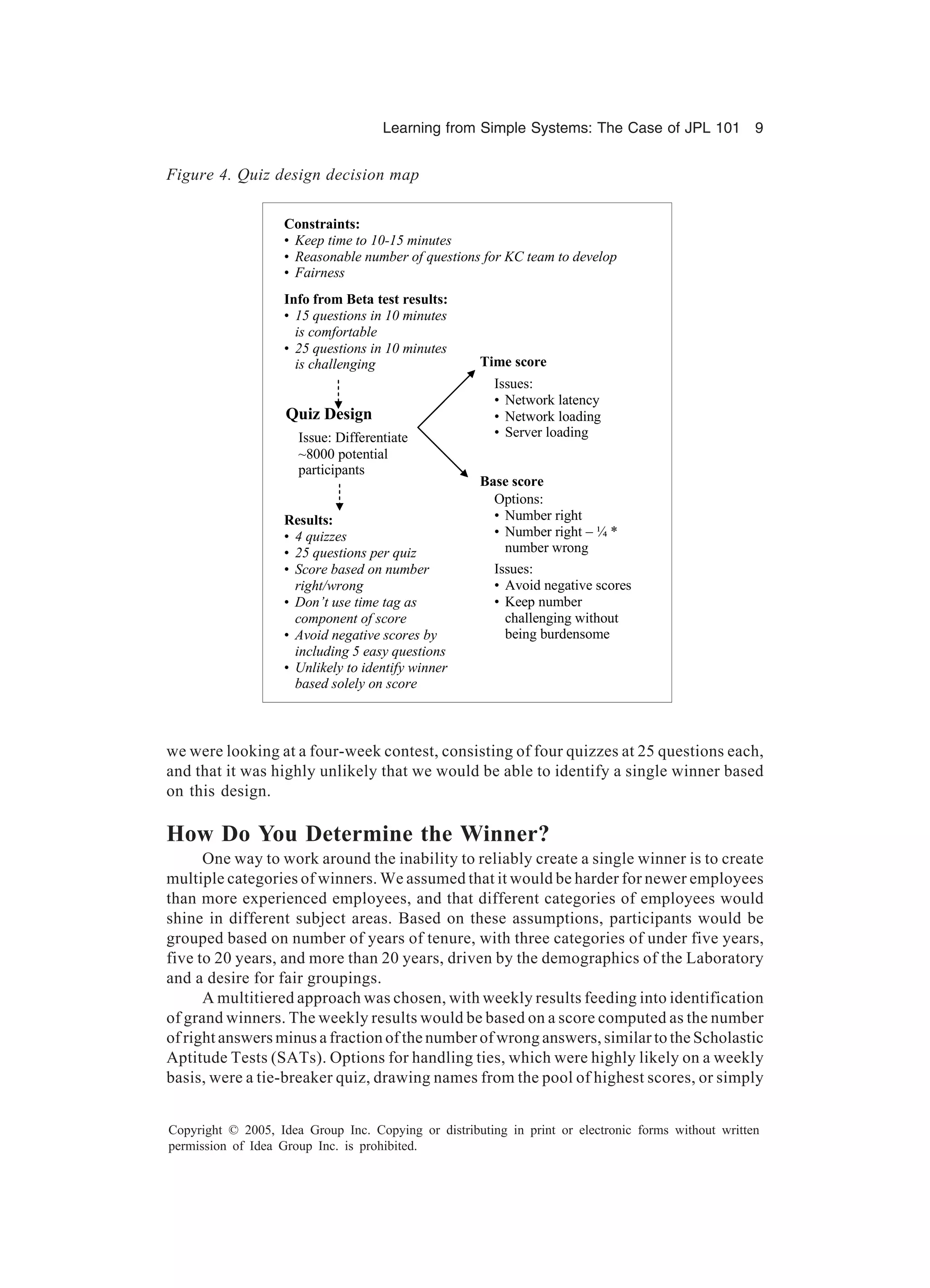 Learning from Simple Systems: The Case of JPL 101 9
Copyright © 2005, Idea Group Inc. Copying or distributing in print or electronic forms without written
permission of Idea Group Inc. is prohibited.
we were looking at a four-week contest, consisting of four quizzes at 25 questions each,
and that it was highly unlikely that we would be able to identify a single winner based
on this design.
How Do You Determine the Winner?
One way to work around the inability to reliably create a single winner is to create
multiple categories of winners. We assumed that it would be harder for newer employees
than more experienced employees, and that different categories of employees would
shine in different subject areas. Based on these assumptions, participants would be
grouped based on number of years of tenure, with three categories of under five years,
five to 20 years, and more than 20 years, driven by the demographics of the Laboratory
and a desire for fair groupings.
A multitiered approach was chosen, with weekly results feeding into identification
of grand winners. The weekly results would be based on a score computed as the number
of right answers minus a fraction of the number of wrong answers, similar to the Scholastic
Aptitude Tests (SATs). Options for handling ties, which were highly likely on a weekly
basis, were a tie-breaker quiz, drawing names from the pool of highest scores, or simply
Quiz Design
Issue: Differentiate
~8000 potential
participants
Constraints:
• Keep time to 10-15 minutes
• Reasonable number of questions for KC team to develop
• Fairness
Results:
• 4 quizzes
• 25 questions per quiz
• Score based on number
right/wrong
• Don’t use time tag as
component of score
• Avoid negative scores by
including 5 easy questions
• Unlikely to identify winner
based solely on score
Base score
Options:
• Number right
• Number right – ¼ *
number wrong
Issues:
• Avoid negative scores
• Keep number
challenging without
being burdensome
Time score
Issues:
• Network latency
• Network loading
• Server loading
Info from Beta test results:
• 15 questions in 10 minutes
is comfortable
• 25 questions in 10 minutes
is challenging
Figure 4. Quiz design decision map
 