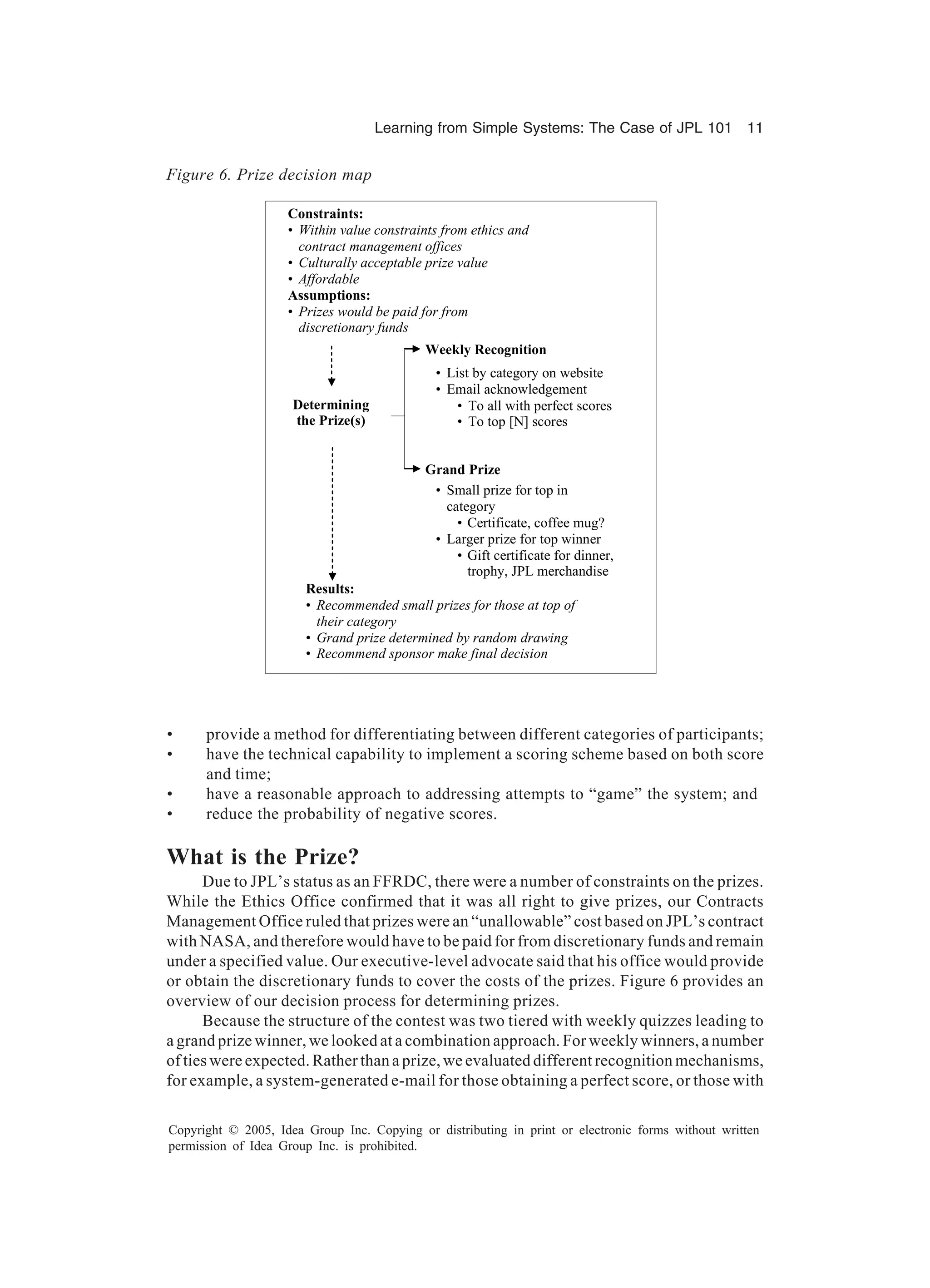 Learning from Simple Systems: The Case of JPL 101 11
Copyright © 2005, Idea Group Inc. Copying or distributing in print or electronic forms without written
permission of Idea Group Inc. is prohibited.
• provide a method for differentiating between different categories of participants;
• have the technical capability to implement a scoring scheme based on both score
and time;
• have a reasonable approach to addressing attempts to “game” the system; and
• reduce the probability of negative scores.
What is the Prize?
Due to JPL’s status as an FFRDC, there were a number of constraints on the prizes.
While the Ethics Office confirmed that it was all right to give prizes, our Contracts
Management Office ruled that prizes were an “unallowable” cost based on JPL’s contract
with NASA, and therefore would have to be paid for from discretionary funds and remain
under a specified value. Our executive-level advocate said that his office would provide
or obtain the discretionary funds to cover the costs of the prizes. Figure 6 provides an
overview of our decision process for determining prizes.
Because the structure of the contest was two tiered with weekly quizzes leading to
a grand prize winner, we looked at a combination approach. For weekly winners, a number
of ties were expected. Rather than a prize, we evaluated different recognition mechanisms,
for example, a system-generated e-mail for those obtaining a perfect score, or those with
Determining
the Prize(s)
Weekly Recognition
Constraints:
• Within value constraints from ethics and
contract management offices
• Culturally acceptable prize value
• Affordable
Assumptions:
• Prizes would be paid for from
discretionary funds
Results:
• Recommended small prizes for those at top of
their category
• Grand prize determined by random drawing
• Recommend sponsor make final decision
• List by category on website
• Email acknowledgement
• To all with perfect scores
• To top [N] scores
Grand Prize
• Small prize for top in
category
• Certificate, coffee mug?
• Larger prize for top winner
• Gift certificate for dinner,
trophy, JPL merchandise
Figure 6. Prize decision map
 