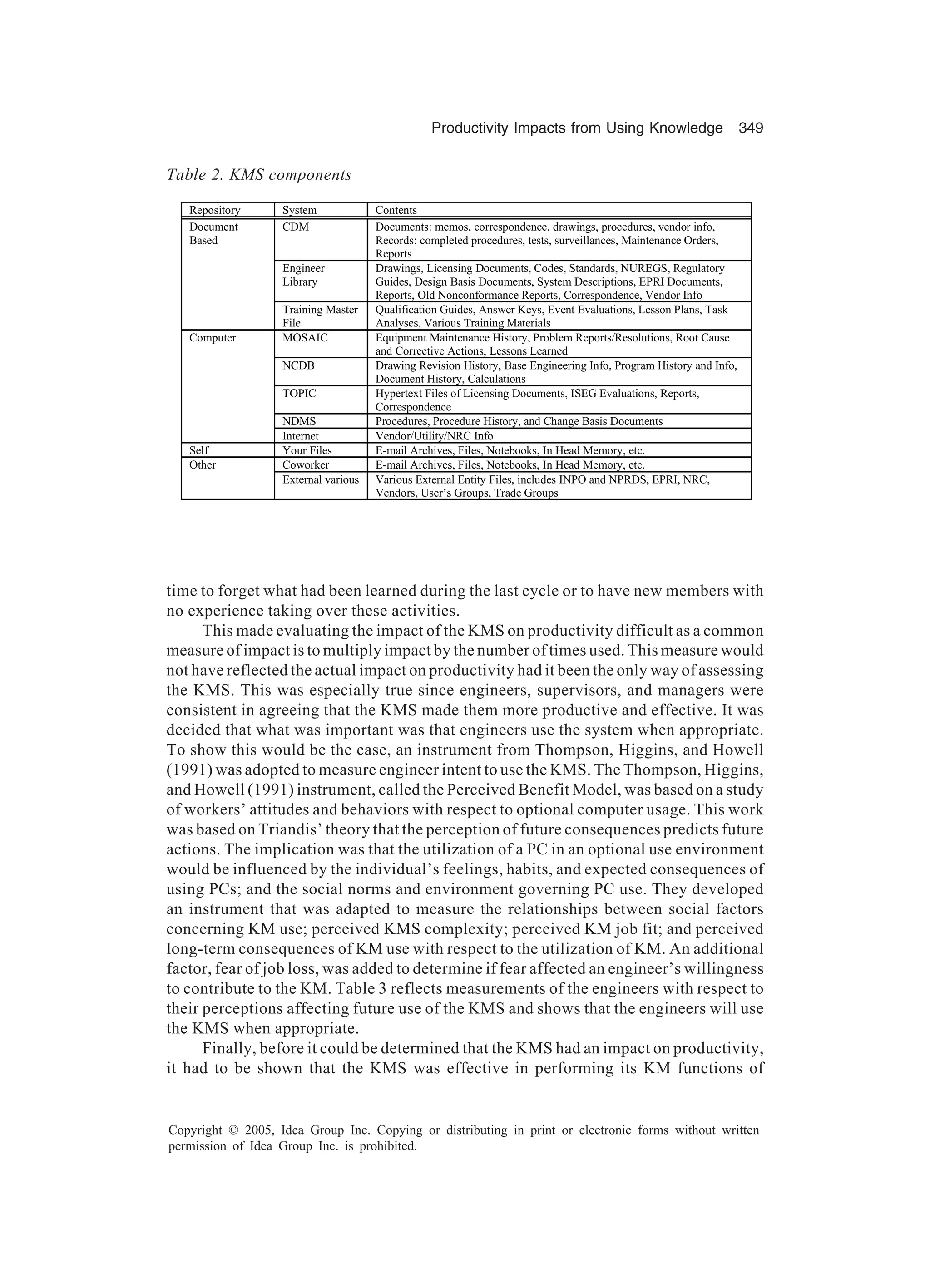 Productivity Impacts from Using Knowledge 349
Copyright © 2005, Idea Group Inc. Copying or distributing in print or electronic forms without written
permission of Idea Group Inc. is prohibited.
time to forget what had been learned during the last cycle or to have new members with
no experience taking over these activities.
This made evaluating the impact of the KMS on productivity difficult as a common
measure of impact is to multiply impact by the number of times used. This measure would
not have reflected the actual impact on productivity had it been the only way of assessing
the KMS. This was especially true since engineers, supervisors, and managers were
consistent in agreeing that the KMS made them more productive and effective. It was
decided that what was important was that engineers use the system when appropriate.
To show this would be the case, an instrument from Thompson, Higgins, and Howell
(1991) was adopted to measure engineer intent to use the KMS. The Thompson, Higgins,
and Howell (1991) instrument, called the Perceived Benefit Model, was based on a study
of workers’ attitudes and behaviors with respect to optional computer usage. This work
was based on Triandis’ theory that the perception of future consequences predicts future
actions. The implication was that the utilization of a PC in an optional use environment
would be influenced by the individual’s feelings, habits, and expected consequences of
using PCs; and the social norms and environment governing PC use. They developed
an instrument that was adapted to measure the relationships between social factors
concerning KM use; perceived KMS complexity; perceived KM job fit; and perceived
long-term consequences of KM use with respect to the utilization of KM. An additional
factor, fear of job loss, was added to determine if fear affected an engineer’s willingness
to contribute to the KM. Table 3 reflects measurements of the engineers with respect to
their perceptions affecting future use of the KMS and shows that the engineers will use
the KMS when appropriate.
Finally, before it could be determined that the KMS had an impact on productivity,
it had to be shown that the KMS was effective in performing its KM functions of
Table 2. KMS components
Repository System Contents
CDM Documents: memos, correspondence, drawings, procedures, vendor info,
Records: completed procedures, tests, surveillances, Maintenance Orders,
Reports
Engineer
Library
Drawings, Licensing Documents, Codes, Standards, NUREGS, Regulatory
Guides, Design Basis Documents, System Descriptions, EPRI Documents,
Reports, Old Nonconformance Reports, Correspondence, Vendor Info
Document
Based
Training Master
File
Qualification Guides, Answer Keys, Event Evaluations, Lesson Plans, Task
Analyses, Various Training Materials
MOSAIC Equipment Maintenance History, Problem Reports/Resolutions, Root Cause
and Corrective Actions, Lessons Learned
NCDB Drawing Revision History, Base Engineering Info, Program History and Info,
Document History, Calculations
TOPIC Hypertext Files of Licensing Documents, ISEG Evaluations, Reports,
Correspondence
NDMS Procedures, Procedure History, and Change Basis Documents
Computer
Internet Vendor/Utility/NRC Info
Self Your Files E-mail Archives, Files, Notebooks, In Head Memory, etc.
Coworker E-mail Archives, Files, Notebooks, In Head Memory, etc.Other
External various Various External Entity Files, includes INPO and NPRDS, EPRI, NRC,
Vendors, User’s Groups, Trade Groups
 