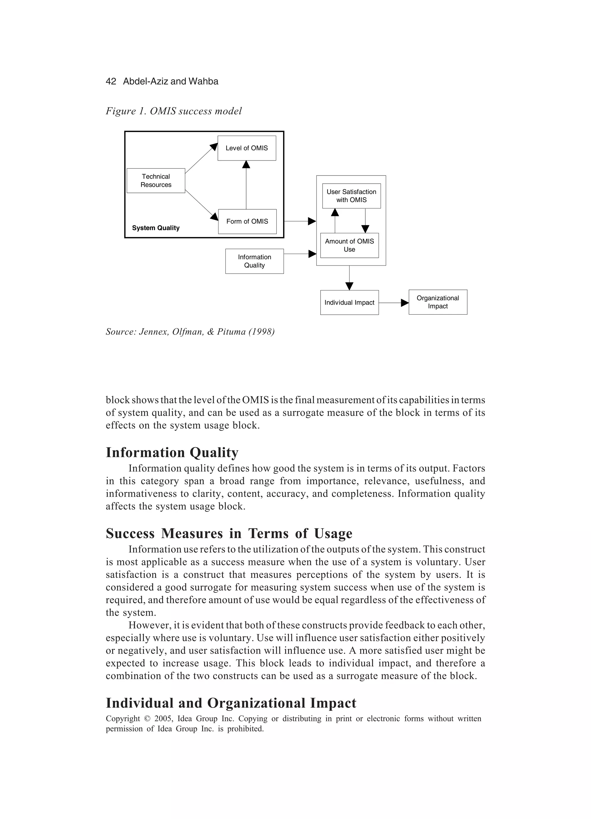 42 Abdel-Aziz and Wahba
Copyright © 2005, Idea Group Inc. Copying or distributing in print or electronic forms without written
permission of Idea Group Inc. is prohibited.
block shows that the level of the OMIS is the final measurement of its capabilities in terms
of system quality, and can be used as a surrogate measure of the block in terms of its
effects on the system usage block.
Information Quality
Information quality defines how good the system is in terms of its output. Factors
in this category span a broad range from importance, relevance, usefulness, and
informativeness to clarity, content, accuracy, and completeness. Information quality
affects the system usage block.
Success Measures in Terms of Usage
Information use refers to the utilization of the outputs of the system. This construct
is most applicable as a success measure when the use of a system is voluntary. User
satisfaction is a construct that measures perceptions of the system by users. It is
considered a good surrogate for measuring system success when use of the system is
required, and therefore amount of use would be equal regardless of the effectiveness of
the system.
However, it is evident that both of these constructs provide feedback to each other,
especially where use is voluntary. Use will influence user satisfaction either positively
or negatively, and user satisfaction will influence use. A more satisfied user might be
expected to increase usage. This block leads to individual impact, and therefore a
combination of the two constructs can be used as a surrogate measure of the block.
Individual and Organizational Impact
Figure 1. OMIS success model
Source: Jennex, Olfman, & Pituma (1998)
Technical
Resources
Level of OMIS
Amount of OMIS
Use
Form of OMIS
Individual Impact
Organizational
Impact
User Satisfaction
with OMIS
Information
Quality
System Quality
 
