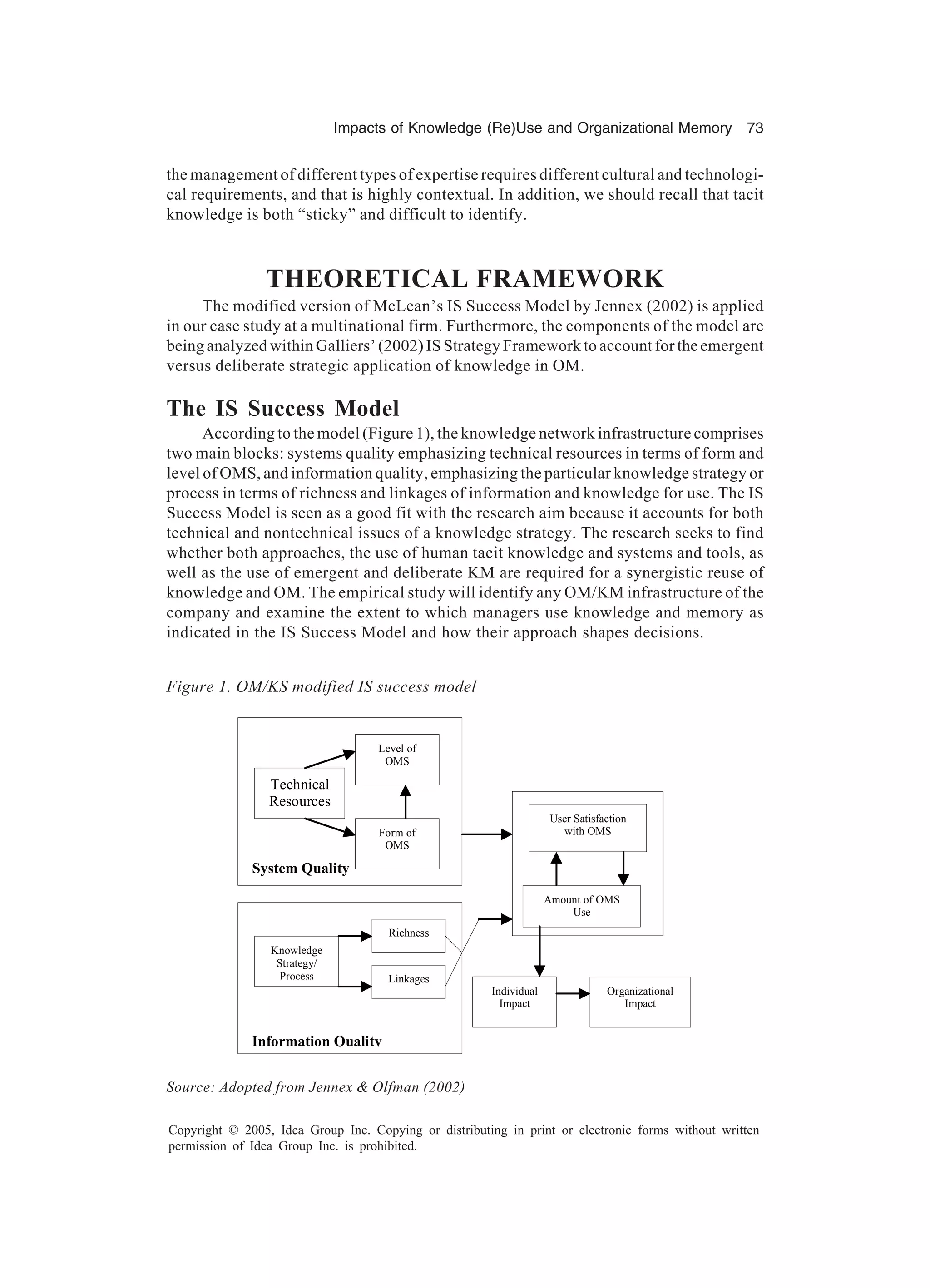 Impacts of Knowledge (Re)Use and Organizational Memory 73
Copyright © 2005, Idea Group Inc. Copying or distributing in print or electronic forms without written
permission of Idea Group Inc. is prohibited.
the management of different types of expertise requires different cultural and technologi-
cal requirements, and that is highly contextual. In addition, we should recall that tacit
knowledge is both “sticky” and difficult to identify.
THEORETICAL FRAMEWORK
The modified version of McLean’s IS Success Model by Jennex (2002) is applied
in our case study at a multinational firm. Furthermore, the components of the model are
being analyzed within Galliers’ (2002) IS Strategy Framework to account for the emergent
versus deliberate strategic application of knowledge in OM.
The IS Success Model
According to the model (Figure 1), the knowledge network infrastructure comprises
two main blocks: systems quality emphasizing technical resources in terms of form and
level of OMS, and information quality, emphasizing the particular knowledge strategy or
process in terms of richness and linkages of information and knowledge for use. The IS
Success Model is seen as a good fit with the research aim because it accounts for both
technical and nontechnical issues of a knowledge strategy. The research seeks to find
whether both approaches, the use of human tacit knowledge and systems and tools, as
well as the use of emergent and deliberate KM are required for a synergistic reuse of
knowledge and OM. The empirical study will identify any OM/KM infrastructure of the
company and examine the extent to which managers use knowledge and memory as
indicated in the IS Success Model and how their approach shapes decisions.
Figure 1. OM/KS modified IS success model
Source: Adopted from Jennex & Olfman (2002)





Information Quality







System Quality
Technical
Resources
Form of
OMS
Richness
Amount of OMS
Use
User Satisfaction
with OMS
Knowledge
Strategy/
Process Linkages
Individual
Impact
Organizational
Impact
Level of
OMS
 