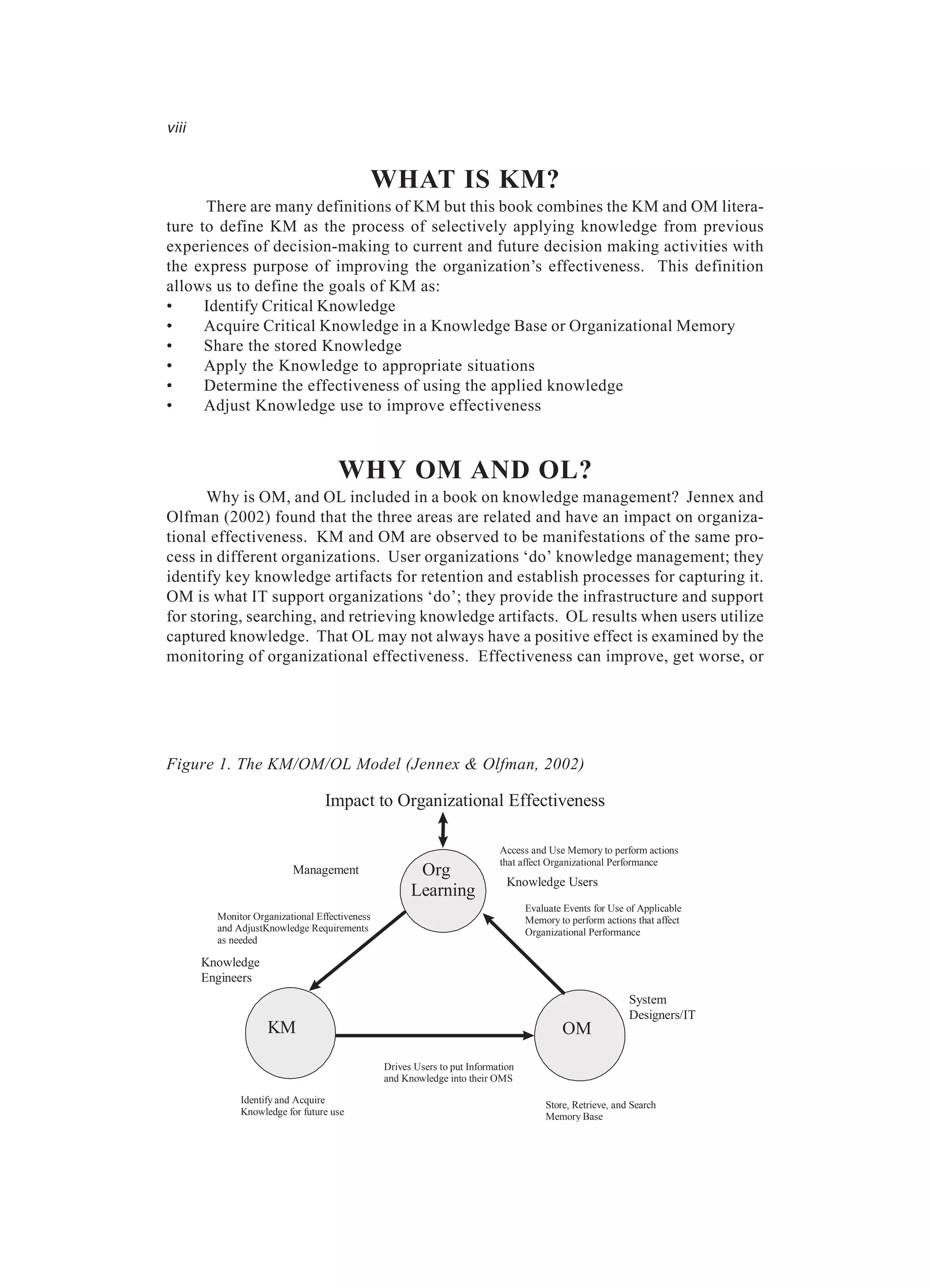 WHAT IS KM?
There are many definitions of KM but this book combines the KM and OM litera-
ture to define KM as the process of selectively applying knowledge from previous
experiences of decision-making to current and future decision making activities with
the express purpose of improving the organization’s effectiveness. This definition
allows us to define the goals of KM as:
• Identify Critical Knowledge
• Acquire Critical Knowledge in a Knowledge Base or Organizational Memory
• Share the stored Knowledge
• Apply the Knowledge to appropriate situations
• Determine the effectiveness of using the applied knowledge
• Adjust Knowledge use to improve effectiveness
WHY OM AND OL?
Why is OM, and OL included in a book on knowledge management? Jennex and
Olfman (2002) found that the three areas are related and have an impact on organiza-
tional effectiveness. KM and OM are observed to be manifestations of the same pro-
cess in different organizations. User organizations ‘do’ knowledge management; they
identify key knowledge artifacts for retention and establish processes for capturing it.
OM is what IT support organizations ‘do’; they provide the infrastructure and support
for storing, searching, and retrieving knowledge artifacts. OL results when users utilize
captured knowledge. That OL may not always have a positive effect is examined by the
monitoring of organizational effectiveness. Effectiveness can improve, get worse, or
viii
Figure 1. The KM/OM/OL Model (Jennex & Olfman, 2002)
Learning
OMKM
Drives Users to put Information
and Knowledge into their OMS
Monitor Organizational Effectiveness
and AdjustKnowledge Requirements
as needed
Identify and Acquire
Knowledge for future use
Store, Retrieve, and Search
Memory Base
Evaluate Events for Use of Applicable
Memory to perform actions that affect
Organizational Performance
Org
Impact to Organizational Effectiveness
EEEffectiveness
Access and Use Memory to perform actions
that affect Organizational Performance
Knowledge Users
Management
System
Designers/IT
Knowledge
Engineers
 