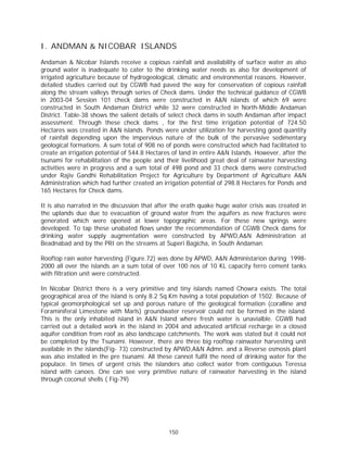 I. ANDMAN & NICOBAR ISLANDS
Andaman & Nicobar Islands receive a copious rainfall and availability of surface water as also
ground water is inadequate to cater to the drinking water needs as also for development of
irrigated agriculture because of hydrogeological, climatic and environmental reasons. However,
detailed studies carried out by CGWB had paved the way for conservation of copious rainfall
along the stream valleys through series of Check dams. Under the technical guidance of CGWB
in 2003-04 Session 101 check dams were constructed in A&N islands of which 69 were
constructed in South Andaman District while 32 were constructed in North-Middle Andaman
District. Table-38 shows the salient details of select check dams in south Andaman after impact
assessment. Through these check dams , for the first time irrigation potential of 724.50
Hectares was created in A&N islands. Ponds were under utilization for harvesting good quantity
of rainfall depending upon the impervious nature of the bulk of the pervasive sedimentary
geological formations. A sum total of 908 no of ponds were constructed which had facilitated to
create an irrigation potential of 544.8 Hectares of land in entire A&N Islands. However, after the
tsunami for rehabilitation of the people and their livelihood great deal of rainwater harvesting
activities were in progress and a sum total of 498 pond and 33 check dams were constructed
under Rajiv Gandhi Rehabilitation Project for Agriculture by Department of Agriculture A&N
Administration which had further created an irrigation potential of 298.8 Hectares for Ponds and
165 Hectares for Check dams.

It is also narrated in the discussion that after the erath quake huge water crisis was created in
the uplands due due to evacuation of ground water from the aquifers as new fractures were
generated which were opened at lower topographic areas. For these new springs were
developed. To tap these unabated flows under the recommendation of CGWB Check dams for
drinking water supply augmentation were constructed by APWD,A&N Administration at
Beadnabad and by the PRI on the streams at Superi Bagicha, in South Andaman.

Rooftop rain water harvesting (Figure.72) was done by APWD, A&N Administarion during 1998-
2000 all over the islands an a sum total of over 100 nos of 10 KL capacity ferro cement tanks
with filtration unit were constructed.

In Nicobar District there is a very primitive and tiny islands named Chowra exists. The total
geographical area of the island is only 8.2 Sq.Km having a total population of 1502. Because of
typical geomorphological set up and porous nature of the geological formation (coralline and
Foraminiferal Limestone with Marls) groundwater reservoir could not be formed in the island.
This is the only inhabited island in A&N Island where fresh water is unavialble. CGWB had
carried out a detailed work in the island in 2004 and advocated artificial recharge in a closed
aquifer condition from roof as also landscape catchments. The work was stated but it could not
be completed by the Tsunami. However, there are three big rooftop rainwater harvesting unit
available in the islands(Fig- 73) constructed by APWD,A&N Admn. and a Reverse osmosis plant
was also installed in the pre tsunami. All these cannot fulfil the need of drinking water for the
populace. In times of urgent crisis the islanders also collect water from contiguous Teressa
island with canoes. One can see very primitive nature of rainwater harvesting in the island
through coconut shells ( Fig-79)




                                               150
 