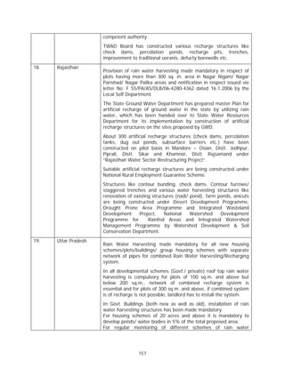 competent authority.
                      TWAD Board has constructed various recharge structures like
                      check dams, percolation ponds, recharge pits, trenches,
                      improvement to traditional ooranis, defucty borewells etc.
18.   Rajasthan
                      Provision of rain water harvesting made mandatory in respect of
                      plots having more than 300 sq. m. area in Nagar Nigam/ Nagar
                      Parishad/ Nagar Palika areas and notification in respect issued vie
                      letter No. F 55/PA/AS/DLB/06-4280-4362 dated 16.1.2006 by the
                      Local Self Department.
                      The State Ground Water Department has prepared master Plan for
                      artificial recharge of ground water in the state by utilizing rain
                      water, which has been handed over to State Water Resources
                      Department for its implementation by construction of artificial
                      recharge structures on the sites proposed by GWD.
                      About 300 artificial recharge structures (check dams, percolation
                      tanks, dug out ponds, subsurface barriers etc.) have been
                      constructed on pilot basis in Mandore – Osian, Distt. Jodhpur,
                      Piprali, Distt. Sikar and Khamnor, Distt. Rajsamand under
                      “Rajasthan Water Sector Restructuring Project”.
                      Suitable artificial recharge structures are being constructed under
                      National Rural Employment Guarantee Scheme.
                      Structures like contour bunding, check dams. Contour furrows/
                      staggered trenches and various water harvesting structures like
                      renovation of existing structures (nadi/ pond), farm ponds, anicuts
                      are being constructed under Desert Development Programme,
                      Drought Prone Area Programme and Integrated Wasteland
                      Development      Project,    National    Watershed    Development
                      Programme for        Rainfed Areas and Integrated Watershed
                      Management Programme by Watershed Development & Soil
                      Conservation Department.
19.   Uttar Pradesh
                      Rain Water Harvesting made mandatory for all new housing
                      schemes/plots/buildings/ group housing schemes with separate
                      network of pipes for combined Rain Water Harvesting/Recharging
                      system.
                      In all developmental schemes (Govt./ private) roof top rain water
                      harvesting is compulsory for plots of 100 sq.m. and above but
                      below 200 sq.m., network of combined recharge system is
                      essential and for plots of 300 sq.m. and above, if combined system
                      is of recharge is not possible, landlord has to install the system.
                      In Govt. Buildings (both new as well as old), installation of rain
                      water harvesting structures has been made mandatory.
                      For housing schemes of 20 acres and above it is mandatory to
                      develop ponds/ water bodies in 5% of the total proposed area.
                      For regular monitoring of different schemes of rain water




                                      157
 
