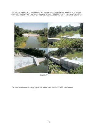 ARTIFICIAL RECHARGE TO GROUND WATER BY M/S JUBLIANT ORGANOSYS FOR THEIR
FERTILISER PLANT AT SINGHPUR VILLAGE, KAPASAN BLOCK, CHITTAURGARH DISTRICT




The total amount of recharge by all the above structures - 227691 cum/annum




                                            168
 
