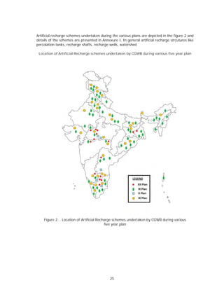 Artificial recharge schemes undertaken during the various plans are depicted in the figure 2 and
details of the schemes are presented in Annexure I. In general artificial recharge strcutures like
percolation tanks, recharge shafts, recharge wells, watershed

 Location of Artificial Recharge schemes undertaken by CGWB during various five year plan




    Figure 2. . Location of Artificial Recharge schemes undertaken by CGWB during various
                                           five year plan




                                             25
 
