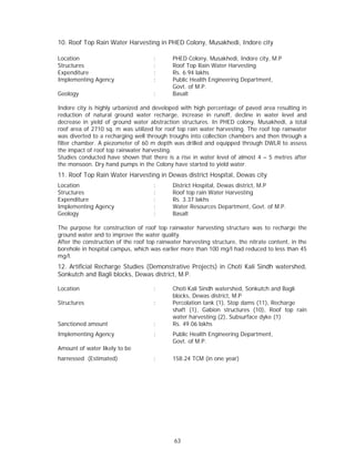 10. Roof Top Rain Water Harvesting in PHED Colony, Musakhedi, Indore city

Location                             :       PHED Colony, Musakhedi, Indore city, M.P
Structures                           :       Roof Top Rain Water Harvesting
Expenditure                          :       Rs. 6.94 lakhs
Implementing Agency                  :       Public Health Engineering Department,
                                             Govt. of M.P.
Geology                              :       Basalt

Indore city is highly urbanized and developed with high percentage of paved area resulting in
reduction of natural ground water recharge, increase in runoff, decline in water level and
decrease in yield of ground water abstraction structures. In PHED colony, Musakhedi, a total
roof area of 2710 sq. m was utilized for roof top rain water harvesting. The roof top rainwater
was diverted to a recharging well through troughs into collection chambers and then through a
filter chamber. A piezometer of 60 m depth was drilled and equipped through DWLR to assess
the impact of roof top rainwater harvesting.
Studies conducted have shown that there is a rise in water level of almost 4 – 5 metres after
the monsoon. Dry hand pumps in the Colony have started to yield water.
11. Roof Top Rain Water Harvesting in Dewas district Hospital, Dewas city
Location                             :       District Hospital, Dewas district, M.P
Structures                           :       Roof top rain Water Harvesting
Expenditure                          :       Rs. 3.37 lakhs
Implementing Agency                  :       Water Resources Department, Govt. of M.P.
Geology                              :       Basalt

The purpose for construction of roof top rainwater harvesting structure was to recharge the
ground water and to improve the water quality.
After the construction of the roof top rainwater harvesting structure, the nitrate content, in the
borehole in hospital campus, which was earlier more than 100 mg/l had reduced to less than 45
mg/l.
12. Artificial Recharge Studies (Demonstrative Projects) in Choti Kali Sindh watershed,
Sonkutch and Bagli blocks, Dewas district, M.P.

Location                             :       Choti Kali Sindh watershed, Sonkutch and Bagli
                                             blocks, Dewas district, M.P
Structures                           :       Percolation tank (1), Stop dams (11), Recharge
                                             shaft (1), Gabion structures (10), Roof top rain
                                             water harvesting (2), Subsurface dyke (1)
Sanctioned amount                    :       Rs. 49.06 lakhs
Implementing Agency                  :       Public Health Engineering Department,
                                             Govt. of M.P.
Amount of water likely to be
harnessed (Estimated)                :       158.24 TCM (in one year)




                                             63
 
