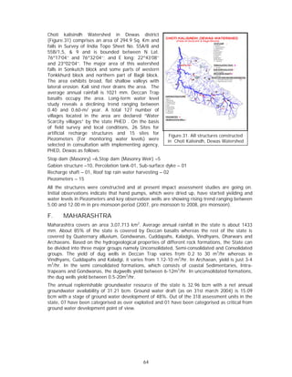 Choti kalisindh Watershed in Dewas district
(Figure.31) comprises an area of 294.9 Sq. Km and
falls in Survey of India Topo Sheet No. 55A/8 and
55B/1,5, & 9 and is bounded between N Lat.
76º17’04’’ and 76º32’04’’; and E long: 22º43’08’’
and 23º02’04’’. The major area of this watershed
falls in Sonkutch block and some parts of western
Tonkkhurd block and northern part of Bagli block.
The area exhibits broad, flat shallow valleys with
lateral erosion. Kali sind river drains the area. The
average annual rainfall is 1021 mm. Deccan Trap
basalts occupy the area. Long-term water level
study reveals a declining trend ranging between
0.40 and 0.60-m/ year. A total 127 number of
villages located in the area are declared “Water
Scarcity villages” by the state PHED . On the basis
of field survey and local conditions, 26 Sites for
artificial recharge structures and 15 sites for
                                                         Figure.31. AR structures constructed
Piezometers (For monitoring water levels) were          in Choti Kalisindh, Dewas Watershed
selected in consultation with implementing agency,
PHED, Dewas as follows:
Stop dam (Masonry) –6,Stop dam (Masonry Weir) –5
Gabion structure –10, Percolation tank-01, Sub-surface dyke – 01
Recharge shaft – 01, Roof top rain water harvesting – 02
Piezometers – 15
All the structures were constructed and at present impact assessment studies are going on.
Initial observations indicate that hand pumps, which were dried up, have started yielding and
water levels in Piezometers and key observation wells are showing rising trend ranging between
5.00 and 12.00 m in pre monsoon period (2007, pre monsoon to 2008, pre monsoon).

F.     MAHARASHTRA
Maharashtra covers an area 3,07,713 km2. Average annual rainfall in the state is about 1433
mm. About 85% of the state is covered by Deccan basalts whereas the rest of the state is
covered by Quaternary alluvium, Gondwanas, Cuddapahs, Kaladgis, Vindhyans, Dharwars and
Archaeans. Based on the hydrogeological properties of different rock formations, the State can
be divided into three major groups namely Unconsolidated, Semi-consolidated and Consolidated
groups. The yield of dug wells in Deccan Trap varies from 0.2 to 30 m3/hr whereas in
Vindhyans, Cuddapahs and Kaladgi, it varies from 1.12-10 m3/hr. In Archaean, yield is just 3-4
m3/hr. In the semi consolidated formations, which consists of coastal Sedimentaries, Intra-
trapeans and Gondwanas, the dugwells yield between 6-12m3/hr. In unconsolidated formations,
the dug wells yield between 0.5-20m3/hr.
The annual replenishable groundwater resource of the state is 32.96 bcm with a net annual
groundwater availability of 31.21 bcm. Ground water draft (as on 31st march 2004) is 15.09
bcm with a stage of ground water development of 48%. Out of the 318 assessment units in the
state, 07 have been categorised as over exploited and 01 have been categorised as critical from
ground water development point of view.




                                             64
 