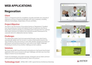 Negovation
Client
S Y N C H R O N I Z I N G T E C H N O L O G I E S
WEB APPLICATIONS
Project Objective
Challenges
Client is a Programme Director at Vodafone, Australia and holds over a decade of
experience serving as Programme Manager with many companies, including
Inflection Technologies, Singtel Optus, Ericsson and Nokia.
The client is into the business of providing training on“Negotiations”. Qualified
from Harvard Business School and holding 30 years of experience, this Vienna
based client wanted to develop an automated system through which he could not
only impart training to his students, but could also provide a framework to his
corporate clients for collaborative decision making.
The relationship analysis had to be represented through a map, which had to
automatically update with the increase in number of participants based on the
type of influence they were having on each other. Besides, background analysis of
participants and brainstorming process came with its own hidden challenges.
Producing an intuitive UI was another challenge we had to address.
Technology Used ASP.Net, MVC 5, WCF, Layered Service Architecture, Bootstrap
Solutions
We chose asp.net MVC based framework and produced a SaaS based cloud hosted
application which was an answer to all major challenges, and client was more than
happy to receive it as an end product.
A team of 3 developers, one project manager, UI designer and our client communi-
cation professional collectively assisted our client in his venture.
 