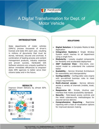 www.hardcastlegis. com | info@hardcastlegis.com | +1-917-608-0531 | +91-8308842933
New York | London | Pune | Proprietary and Confidential | Hardcastle GIS. | Copyright 2019
A Digital Transformation for Dept. of
Motor Vehicle
INTRODUCTION
State departments of motor vehicles
(DMV’s) process thousands of driver’s
licenses and state ID’s each year, resulting
in millions of documents that must be
stored, retrieved, secured and archived. A
combination of leading process and content
management products, industry expertise
and proven success, Hardcastle GIS
Software solutions are uniquely qualified to
deliver immediate efficiencies to empower
state DMV agencies to better serve their
citizens today and in the future.
SOLUTIONS
• Digital Solution: A Complete Mobile & Web
Application
• Integration Systems: A Single Window
System which reaches to all department
using a single form.
• Modularity – Loosely coupled components
for flexibility and accelerated deployment
• 360° Customer View – One-client, one-
record model to understand the customer
better
• Scalability – Service Oriented Architecture
for extensibility and interoperability
• Configurability – Configurable rules engine
with pre-defined business rules to meet
unique requirements
• Multi-channel access – Service delivery
across a variety of channels (mobile, kiosk,
office)
• Responsive UI – Simple, intuitive user
interface that meets accessibility standards
• Security – Role-based access controls and
the latest cybersecurity methodologies for
assured service delivery
• Comprehensive Reporting – Real-time
reporting with a host of visualization options
for improved decision making
RESULTS
Improve Citizen Delivery by almost 60%
efficiency
 