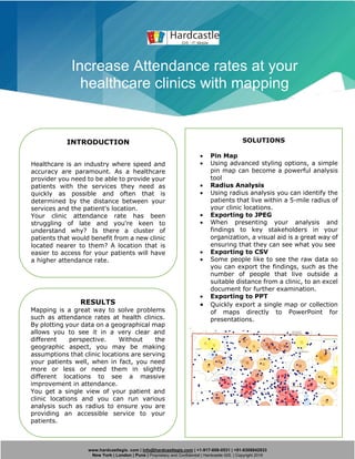 www.hardcastlegis. com | info@hardcastlegis.com | +1-917-608-0531 | +91-8308842933
New York | London | Pune | Proprietary and Confidential | Hardcastle GIS. | Copyright 2019
Increase Attendance rates at your
healthcare clinics with mapping
INTRODUCTION
Healthcare is an industry where speed and
accuracy are paramount. As a healthcare
provider you need to be able to provide your
patients with the services they need as
quickly as possible and often that is
determined by the distance between your
services and the patient's location.
Your clinic attendance rate has been
struggling of late and you're keen to
understand why? Is there a cluster of
patients that would benefit from a new clinic
located nearer to them? A location that is
easier to access for your patients will have
a higher attendance rate.
SOLUTIONS
• Pin Map
• Using advanced styling options, a simple
pin map can become a powerful analysis
tool
• Radius Analysis
• Using radius analysis you can identify the
patients that live within a 5-mile radius of
your clinic locations.
• Exporting to JPEG
• When presenting your analysis and
findings to key stakeholders in your
organization, a visual aid is a great way of
ensuring that they can see what you see
• Exporting to CSV
• Some people like to see the raw data so
you can export the findings, such as the
number of people that live outside a
suitable distance from a clinic, to an excel
document for further examination.
• Exporting to PPT
• Quickly export a single map or collection
of maps directly to PowerPoint for
presentations.
.
RESULTS
Mapping is a great way to solve problems
such as attendance rates at health clinics.
By plotting your data on a geographical map
allows you to see it in a very clear and
different perspective. Without the
geographic aspect, you may be making
assumptions that clinic locations are serving
your patients well, when in fact, you need
more or less or need them in slightly
different locations to see a massive
improvement in attendance.
You get a single view of your patient and
clinic locations and you can run various
analysis such as radius to ensure you are
providing an accessible service to your
patients.
 