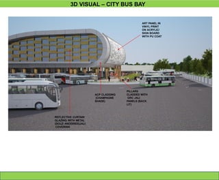 3D VISUAL – CITY BUS BAY
ACP CLADDING
(CHAMPAGNE
SHADE)
ART PANEL IN
VINYL PRINT
ON ACRYLIC/
SIGN BOARD
WITH PU COAT
REFLECTIVE CURTAIN
GLAZING WITH METAL
(GOLD ANODISED)JALI
COVERING
PILLARS
CLADDED WITH
GRC JALI
PANELS (BACK
LIT)
 