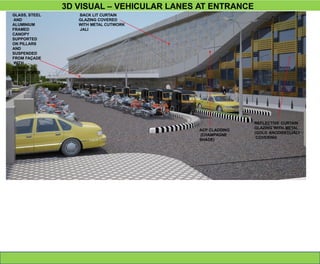 3D VISUAL – VEHICULAR LANES AT ENTRANCE
ACP CLADDING
(CHAMPAGNE
SHADE)
REFLECTIVE CURTAIN
GLAZING WITH METAL
(GOLD ANODISED)JALI
COVERING
BACK LIT CURTAIN
GLAZING COVERED
WITH METAL CUTWORK
JALI
GLASS, STEEL
AND
ALUMINIUM
FRAMED
CANOPY
SUPPORTED
ON PILLARS
AND
SUSPENDED
FROM FAÇADE
WITH
TENSILE
STEEL ROPES
 