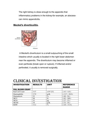 The right kidney is close enough to the appendix that
     inflammatory problems in the kidney-for example, an abscess-
     can mimic appendicitis.

Meckel's diverticulitis.




     A Meckel's diverticulum is a small outpouching of the small
     intestine which usually is located in the right lower abdomen
     near the appendix. The diverticulum may become inflamed or
     even perforate (break open or rupture). If inflamed and/or
     perforated, it usually is removed surgically.




CLINICAL INVESTIGATION
INVESTIGATION        RESULTS         UNIT            REFERENCE
                                                     RANGE
FULL BLOOD COUNT
Red Cell Count       5.57            x10^12/L        ( 4.5 - 6.0 )
Haemoglobin          17.9            g/dL            ( 13.7 - 18.0 )
Haematocrit          52              %               ( 40 - 54 )
MCV                  94              fL              ( 82 - 100 )
MCH                  32              pg              ( 27 - 32 )
MCHC                 34              g/dL            ( 32 - 36 )
RDW                  13.2            %               ( 4.0 - 11.0 )
 
