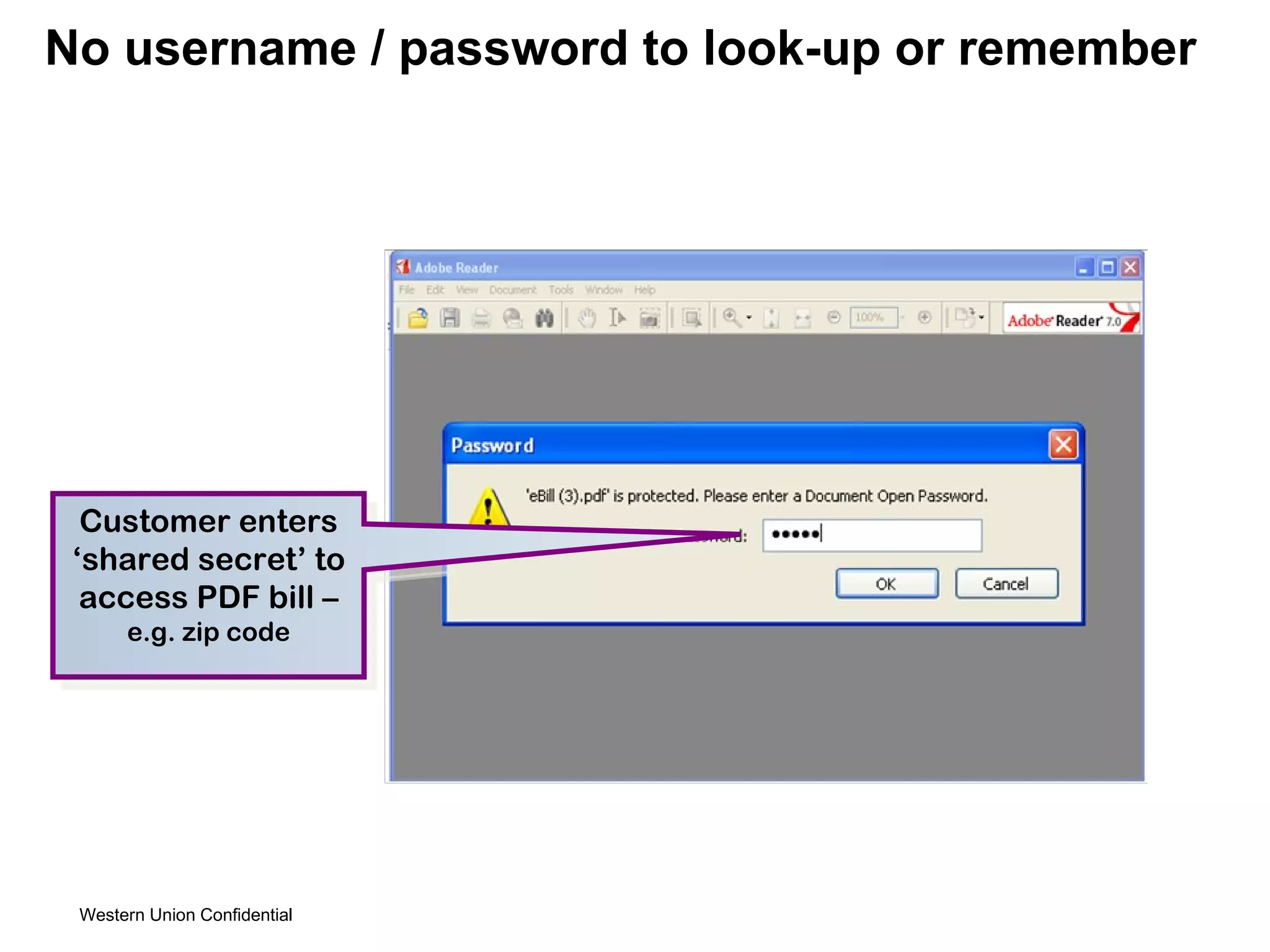 No username / password to look-up or remember Customer enters ‘shared secret’ to access PDF bill –  e.g. zip code 