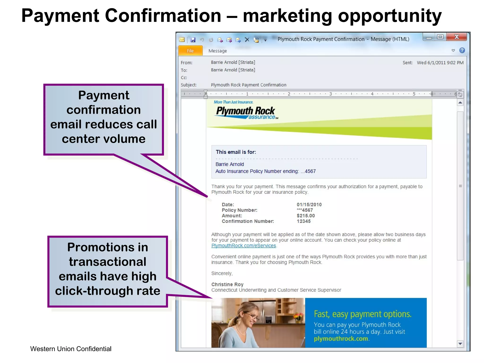 Payment Confirmation – marketing opportunity Promotions in transactional emails have high click-through rate Payment confirmation email reduces call center volume 